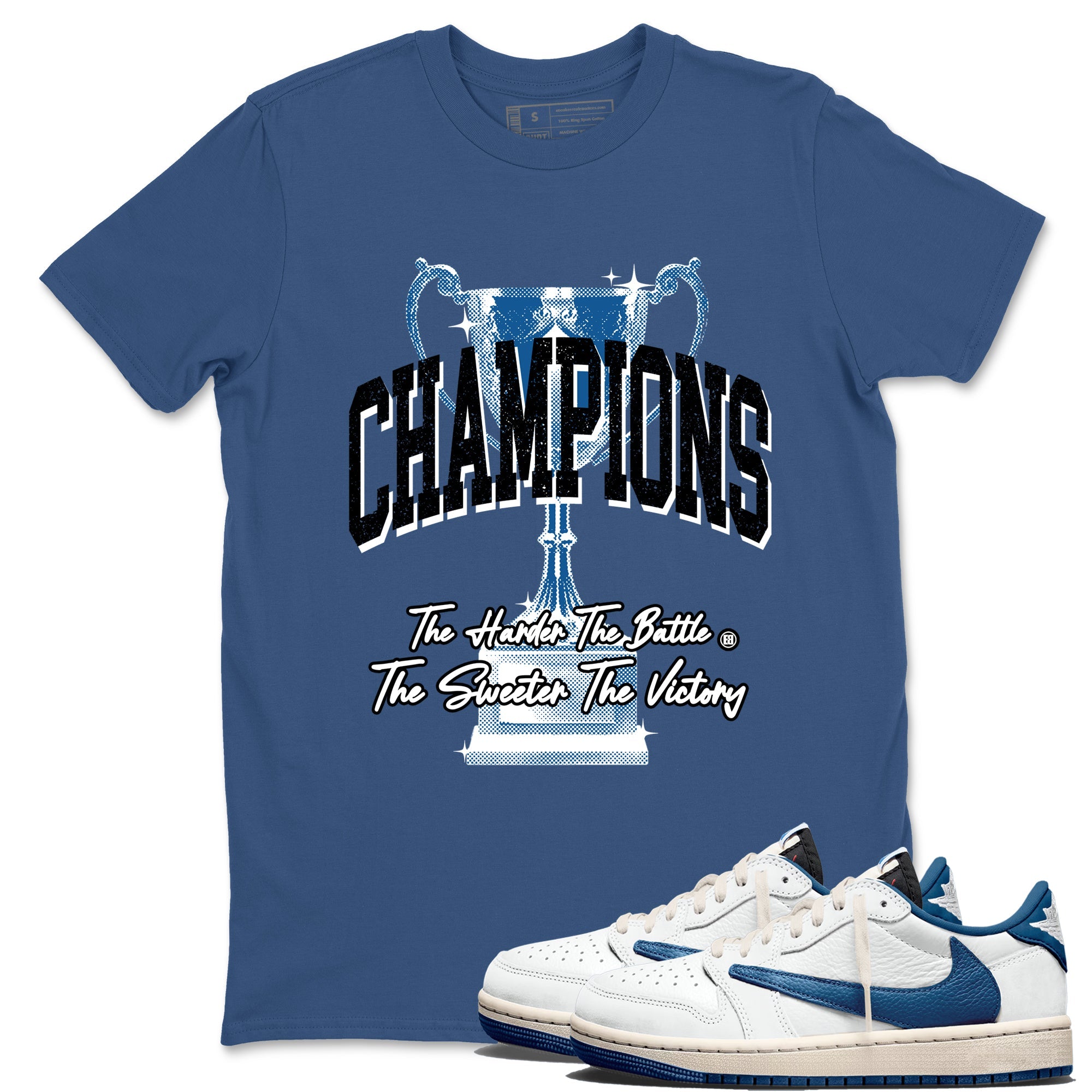 Sneaker match tees  Sneaker Tees To Match Air Jordan 1 Travis Scott Fragment Shoes  Champions Trophy Tee Denim Blue 1
