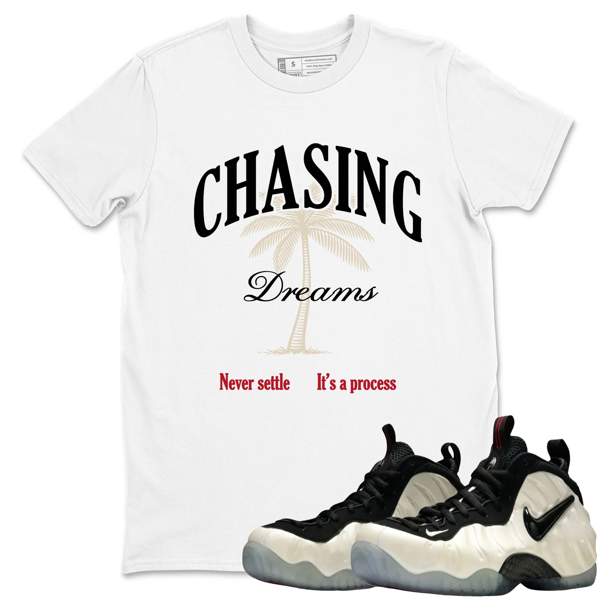 Sneaker Threads  Sneaker Tees To Match Air Foamposite One Pearl  Chasing Dreams Graphic Tee White 1. Perfect for Jordan releases 2025 colorways.