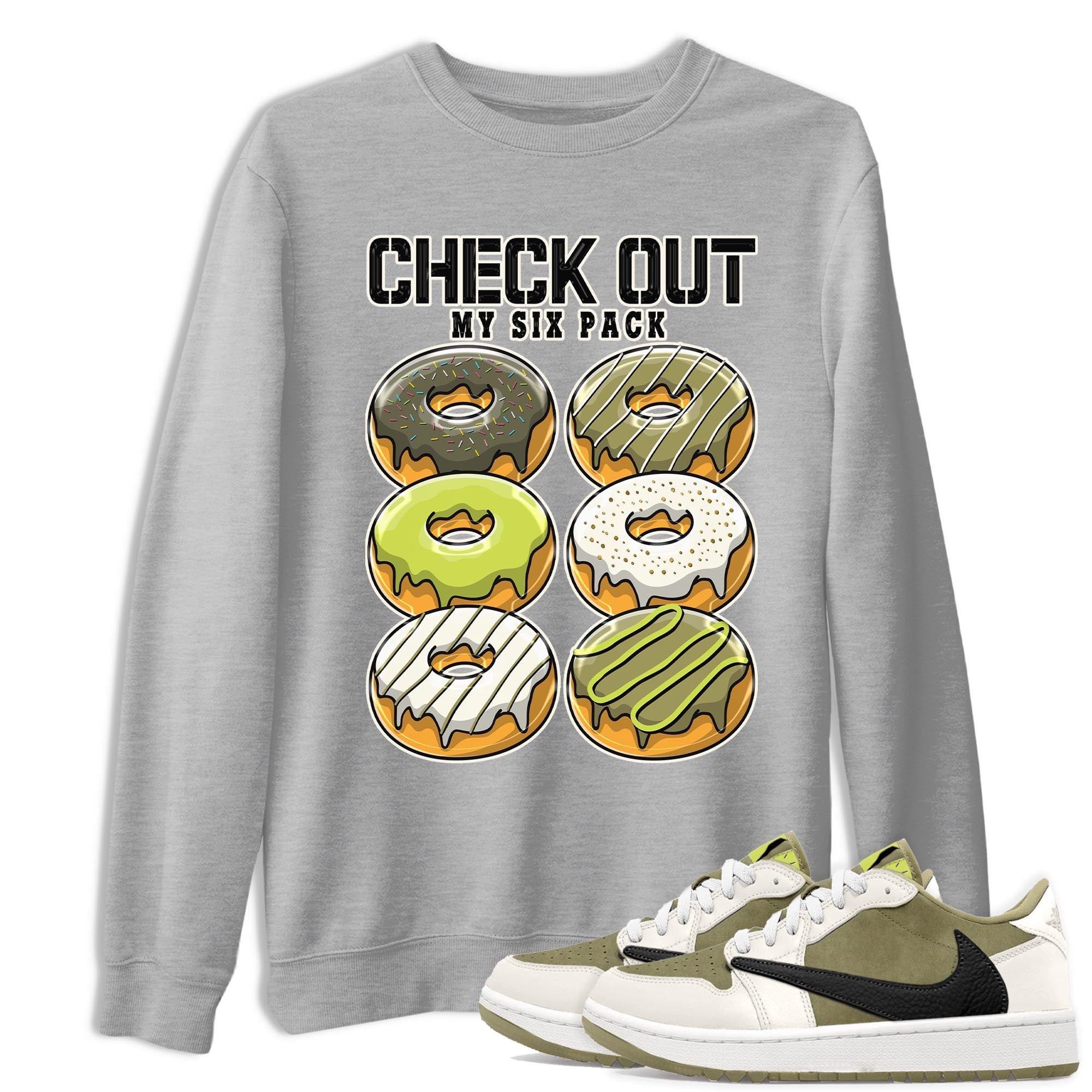 Jordan 1 Low X Travis Scott Golf Olive shirt to match jordans Check Out My Six Pack sneaker release tees Air Jordan 1 Travis Scott Golf Olive Drip Gear Zone Unisex Streetwear Clothing Heather Grey 1 T-Shirt