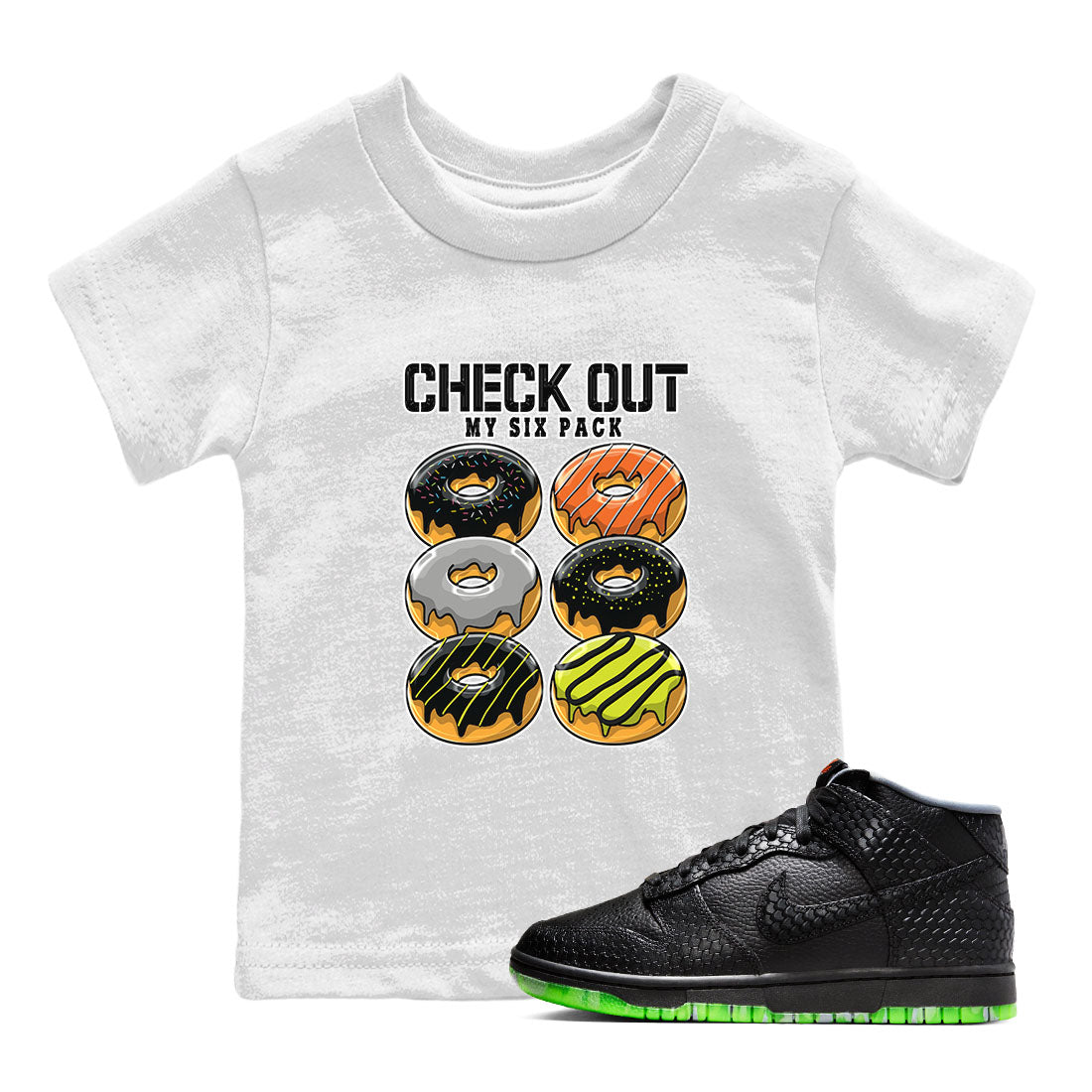 Nike Dunk Halloween shirt to match jordans Check Out My Six Pack sneaker tees Nike Dunk Mid Halloween Drip Gear Zone Sneaker Matching Clothing Brand Baby Toddler White 1 T-Shirt