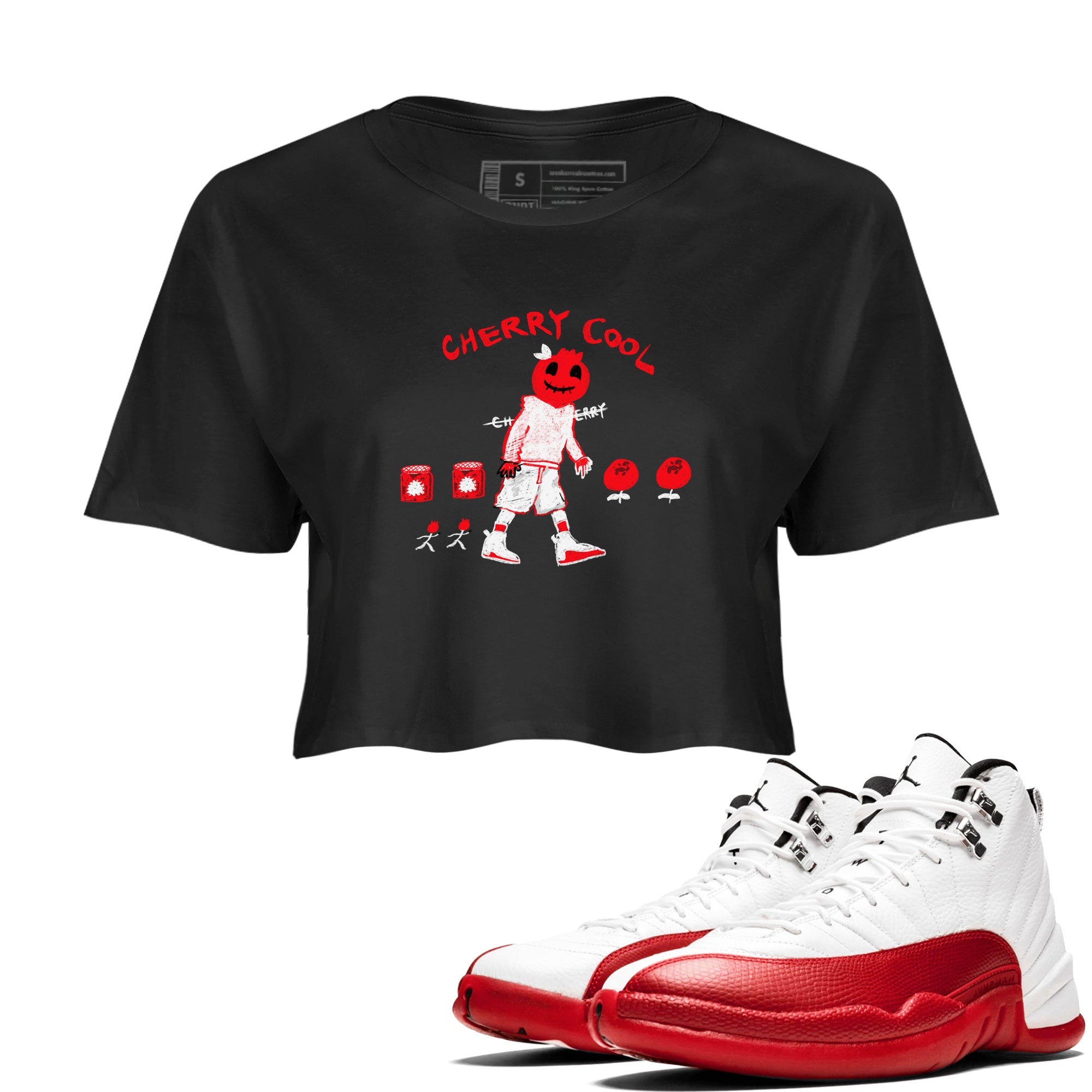 AJ12 Cherry shirts to match jordans Cherry Cool sneaker match tees Air Jordan 12 Cherry Drip Gear Zone streetwear brand Black 1 crop tee
