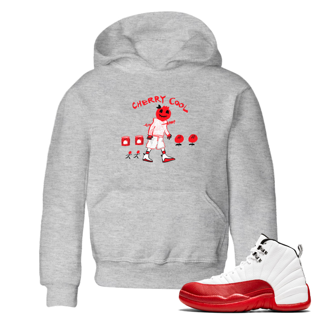 AJ12 Cherry shirts to match jordans Cherry Cool sneaker match tees Air Jordan 12 Cherry Drip Gear Zone streetwear brand Baby and Youth Heather Grey 1 cotton tee