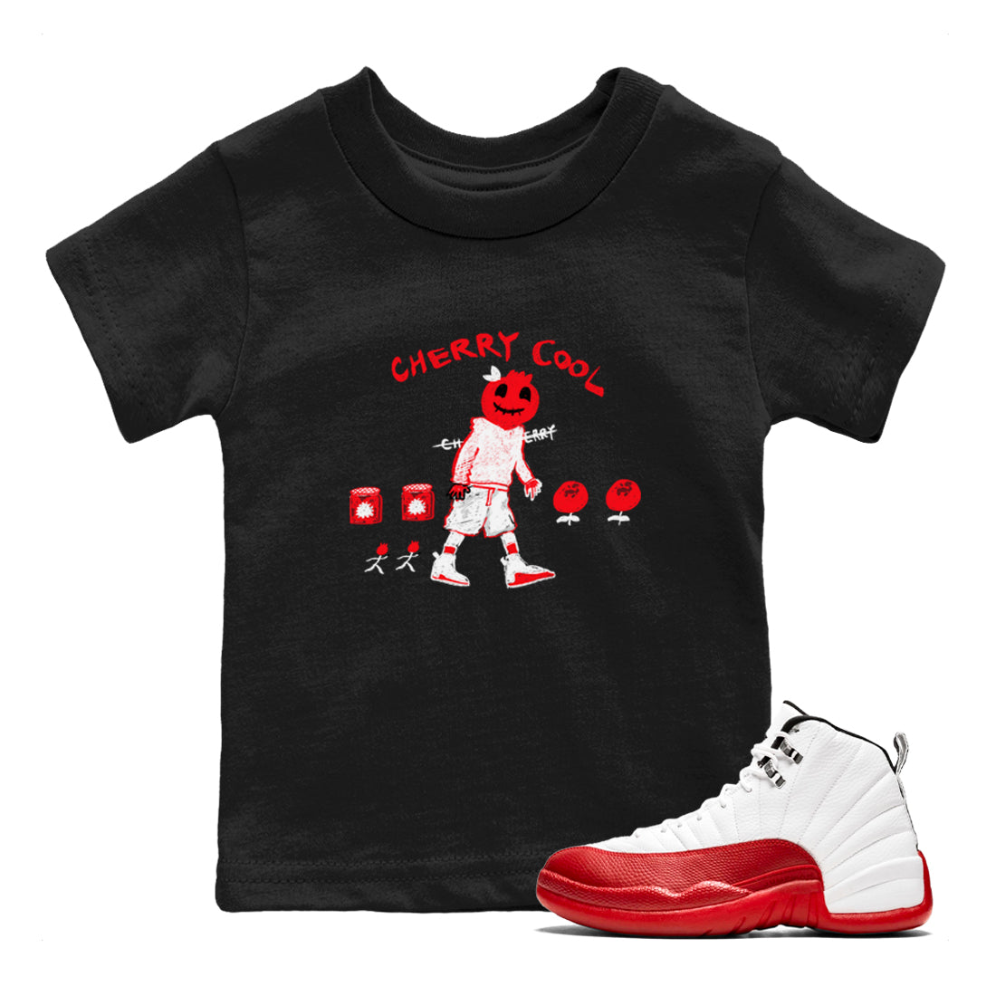 AJ12 Cherry shirts to match jordans Cherry Cool sneaker match tees Air Jordan 12 Cherry Drip Gear Zone streetwear brand Baby and Youth Black 1 cotton tee