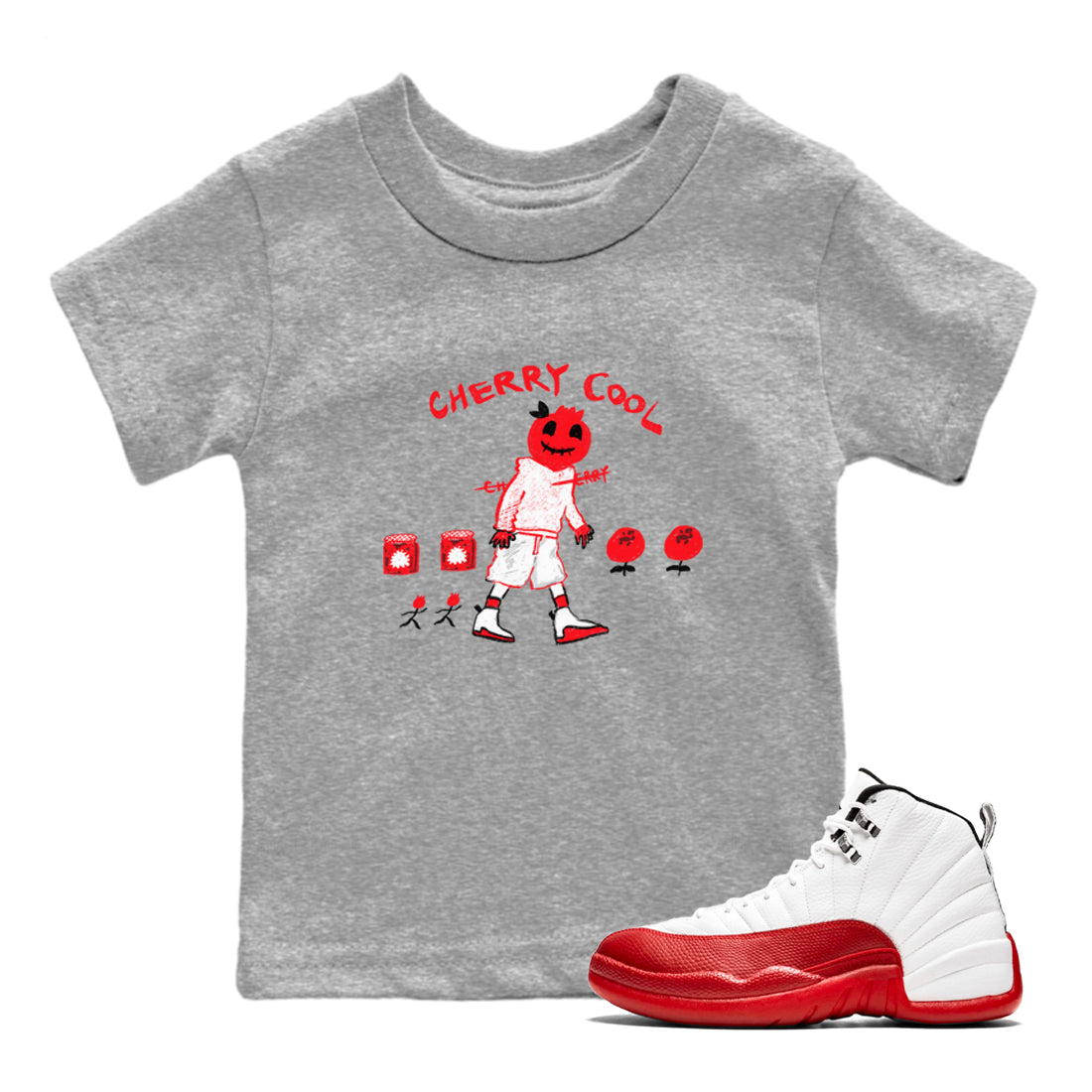 AJ12 Cherry shirts to match jordans Cherry Cool sneaker match tees Air Jordan 12 Cherry Drip Gear Zone streetwear brand Baby and Youth Heather Grey 1 cotton tee