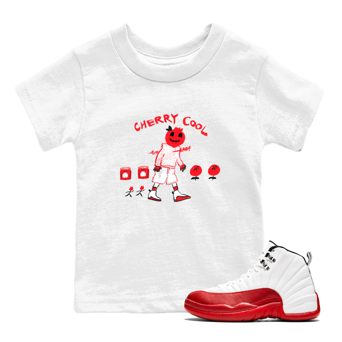 AJ12 Cherry shirts to match jordans Cherry Cool sneaker match tees Air Jordan 12 Cherry Drip Gear Zone streetwear brand Baby and Youth White 1 cotton tee