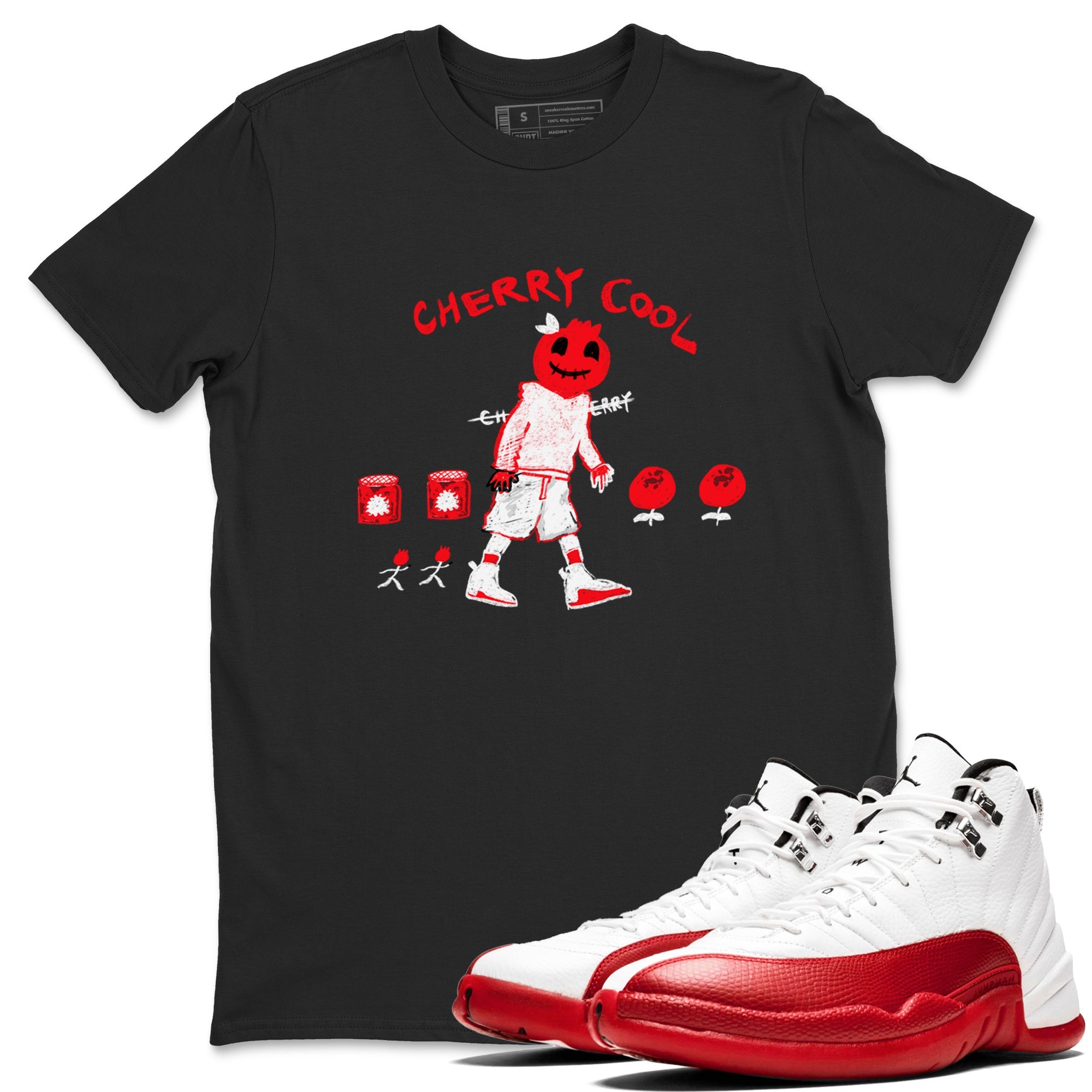 AJ12 Cherry shirts to match jordans Cherry Cool sneaker match tees Air Jordan 12 Cherry Drip Gear Zone streetwear brand Black 1 unisex cotton tee