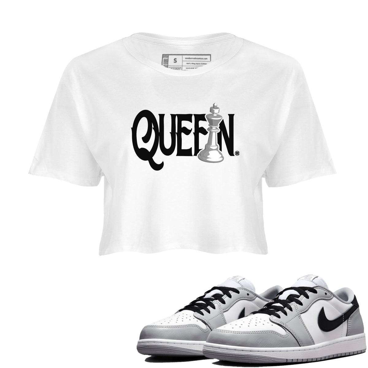 1s Wolf Grey shirts to match jordans Chess Queen sneaker match tees Air Jordan 1 Wolf Grey Drip Gear Zone streetwear brand White 1 crop tee