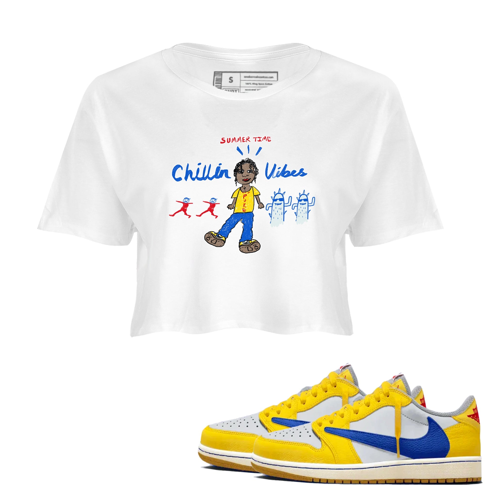 Air Jordan 1 Travis x Scott x Canary shirt to match jordans Chillin Vibes sneaker tees Air Jordan 1 Travis Scott Canary Drip Gear Zone White 1 crop length shirt