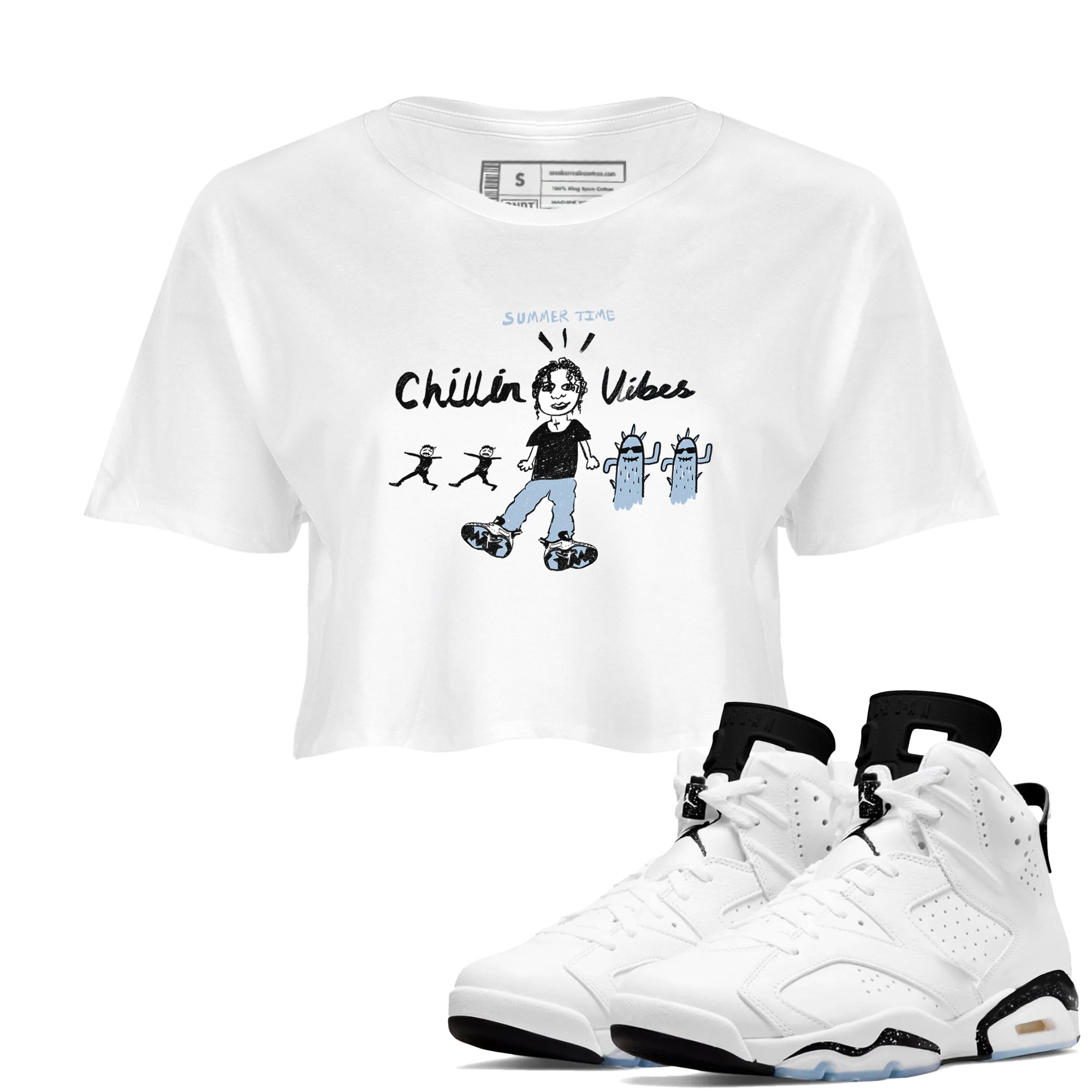 6s Reverse Cookies shirt to match jordans Chillin Vibes sneaker tees Air Jordan 6 Reverse Cookies SNRT Sneaker Release Tees White 1 crop length shirt