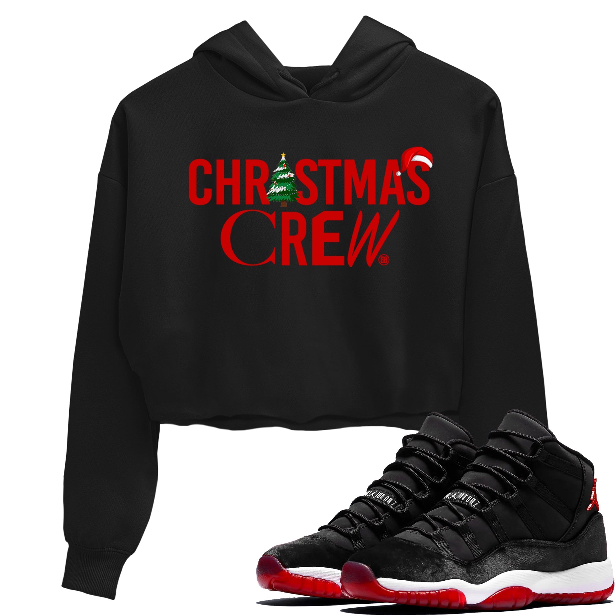 11s WMNS Bred Velvet t-shirts to match sneakers Holiday Christmas Crew sneaker match tees Air Jordan 11 Bred Velvet match shoes to clothes Drip Gear Zone unisex cotton Black 1 crop tee