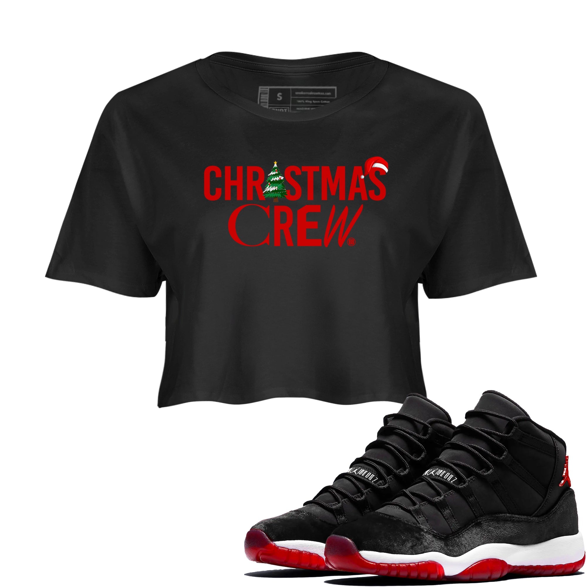 11s WMNS Bred Velvet t-shirts to match sneakers Holiday Christmas Crew sneaker match tees Air Jordan 11 Bred Velvet match shoes to clothes Drip Gear Zone unisex cotton Black 1 crop tee