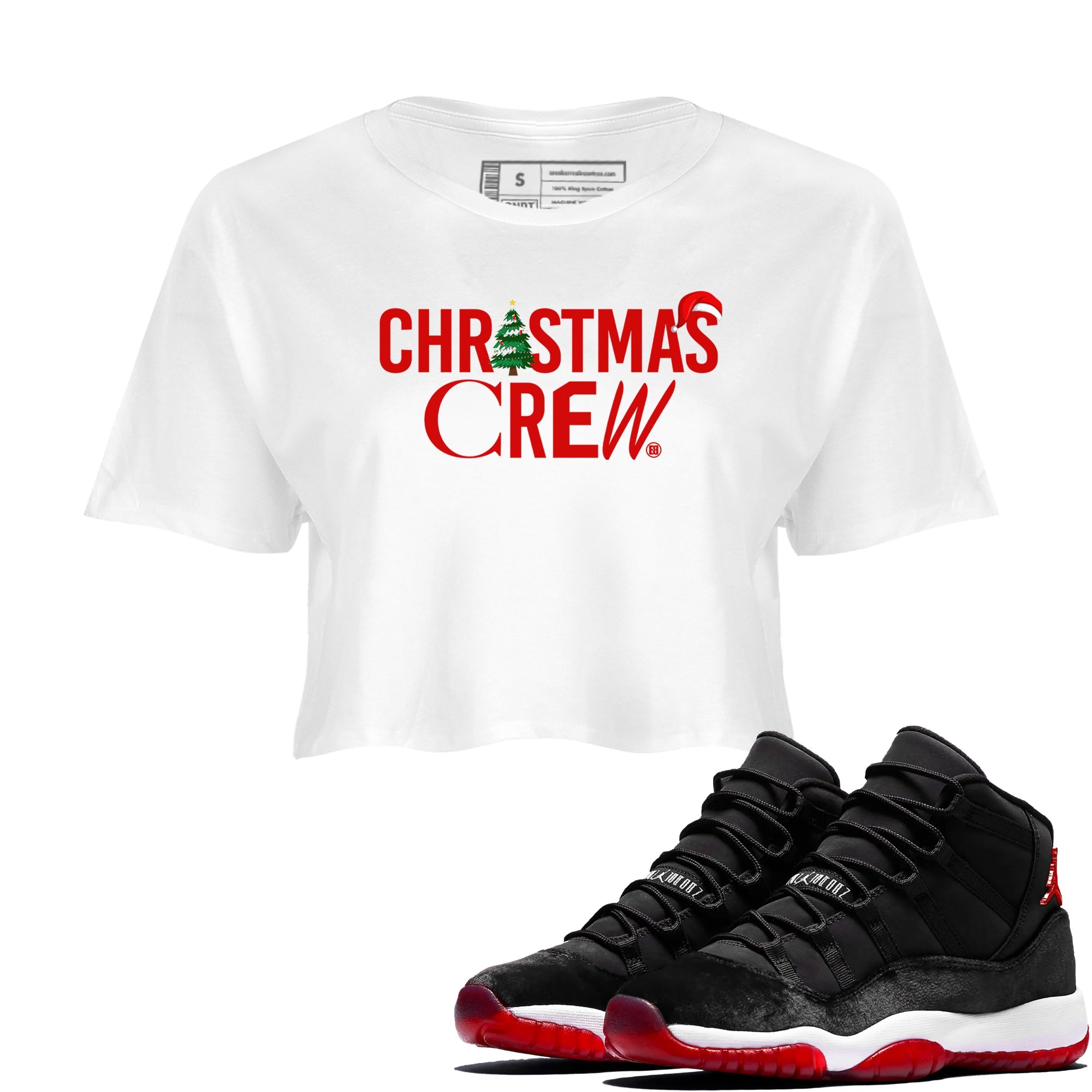 11s WMNS Bred Velvet t-shirts to match sneakers Holiday Christmas Crew sneaker match tees Air Jordan 11 Bred Velvet match shoes to clothes Drip Gear Zone unisex cotton White 1 crop tee