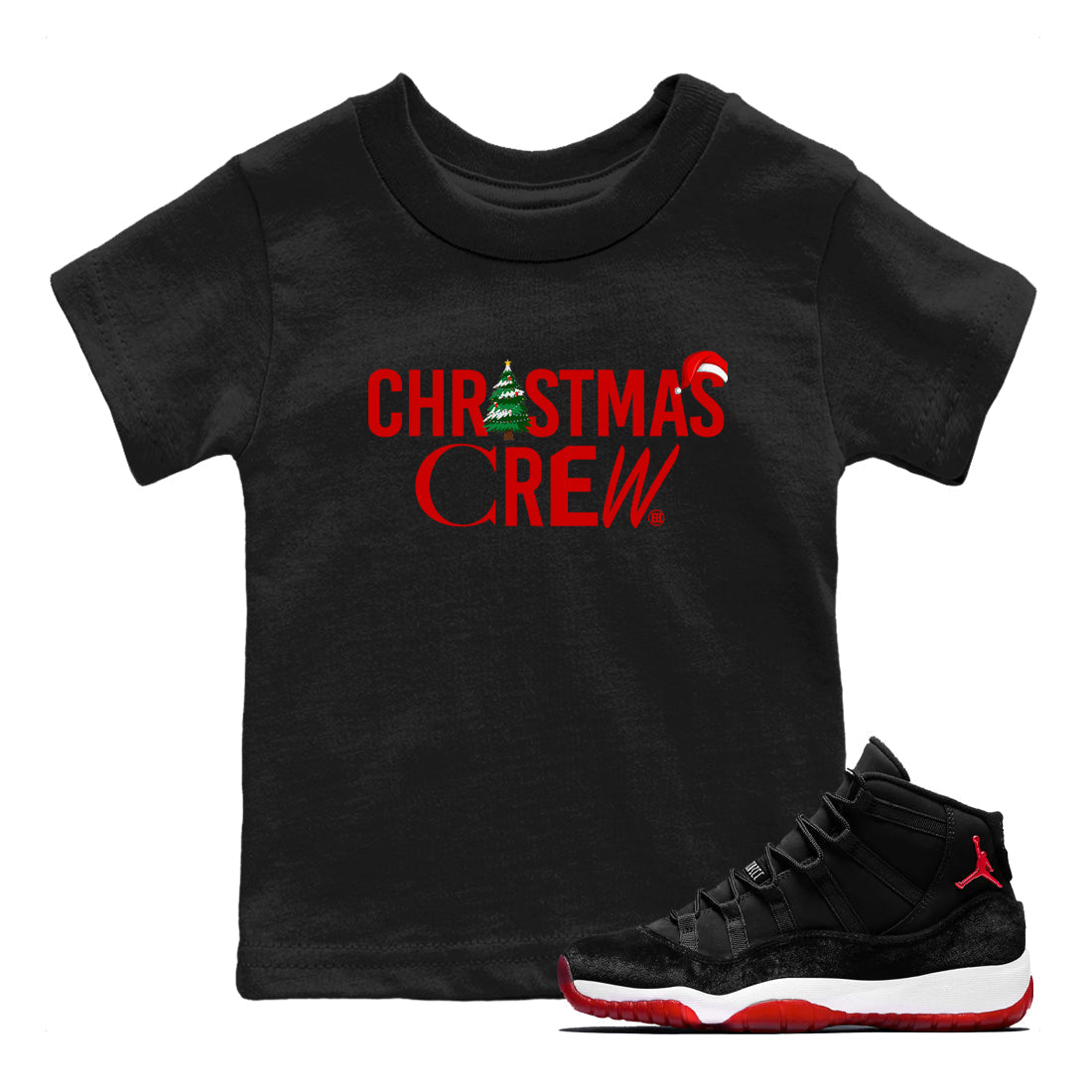 11s WMNS Bred Velvet t-shirts to match sneakers Holiday Christmas Crew sneaker match tees Air Jordan 11 Bred Velvet match shoes to clothes Drip Gear Zone Youth Baby Black 1 tee