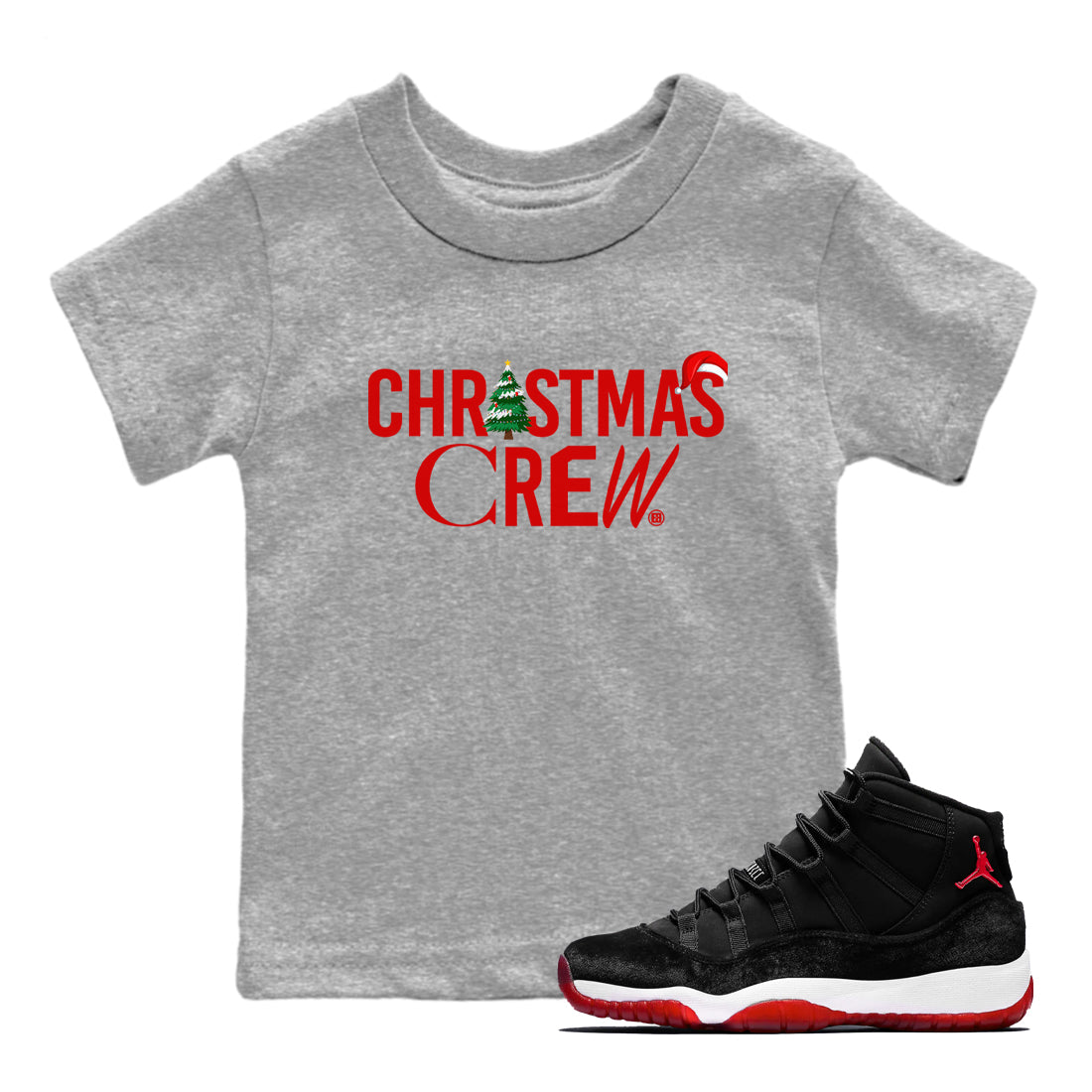 11s WMNS Bred Velvet t-shirts to match sneakers Holiday Christmas Crew sneaker match tees Air Jordan 11 Bred Velvet match shoes to clothes Drip Gear Zone Youth Baby Heather Grey 1 tee