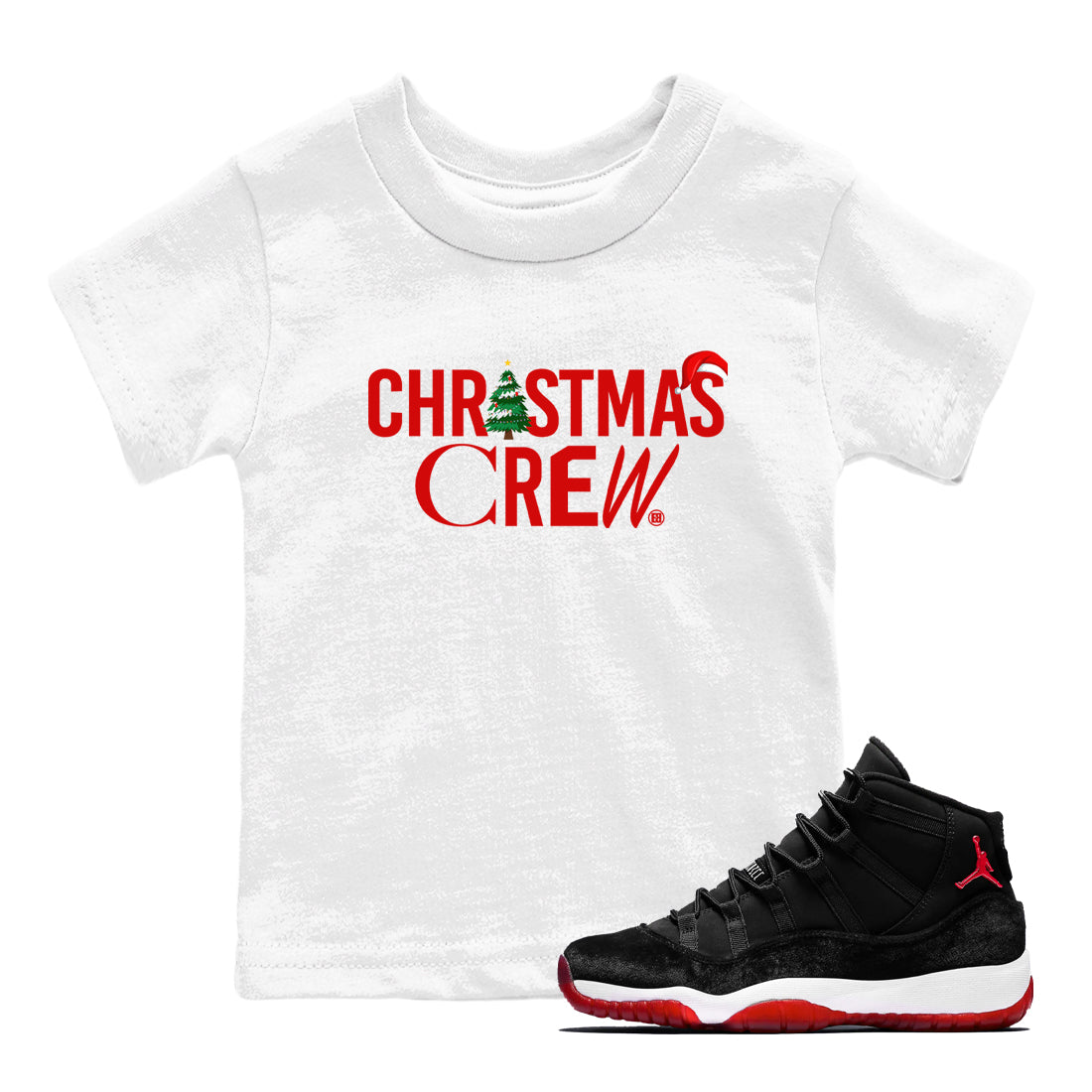 11s WMNS Bred Velvet t-shirts to match sneakers Holiday Christmas Crew sneaker match tees Air Jordan 11 Bred Velvet match shoes to clothes Drip Gear Zone Youth Baby White 1 tee