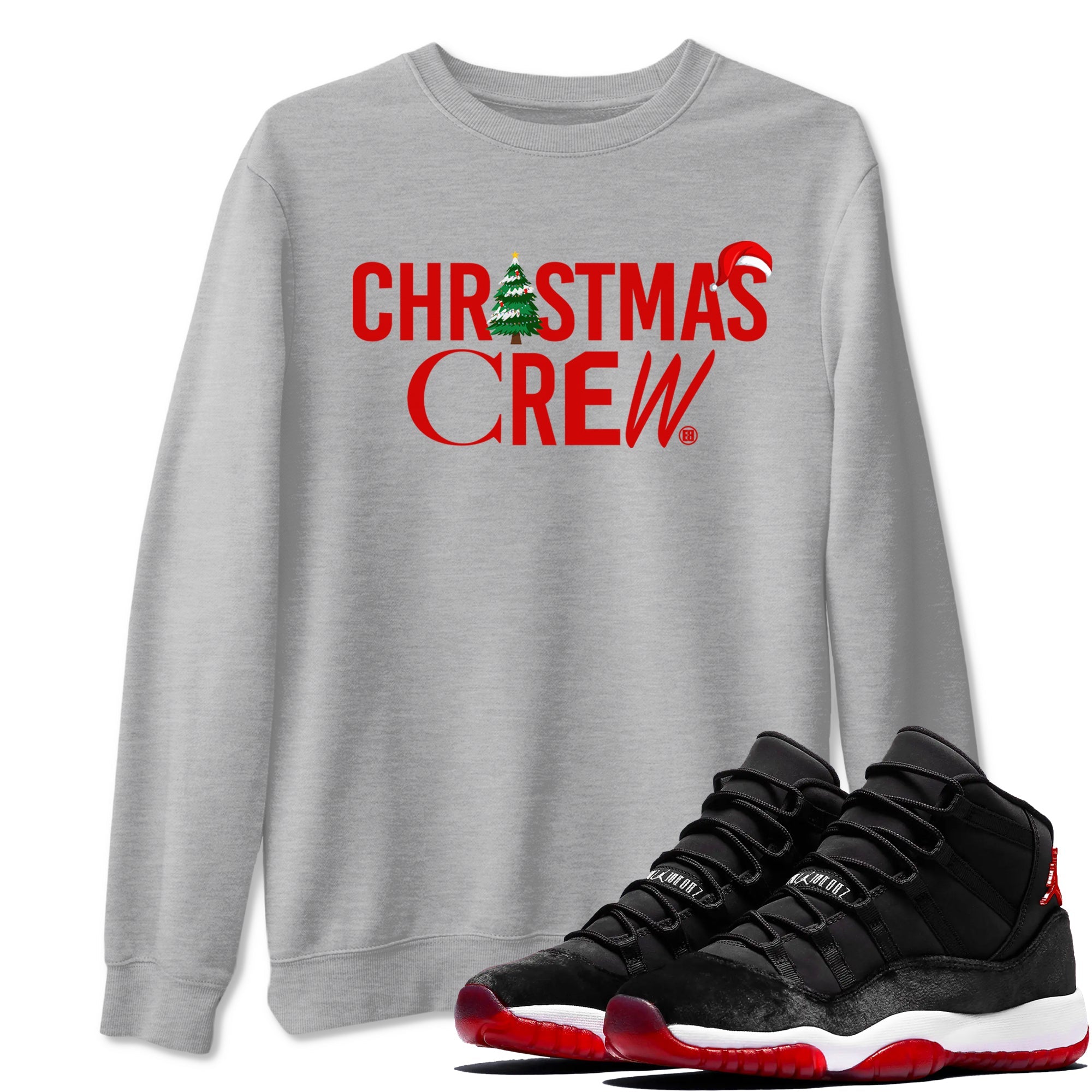 11s WMNS Bred Velvet t-shirts to match sneakers Holiday Christmas Crew sneaker match tees Air Jordan 11 Bred Velvet match shoes to clothes Drip Gear Zone unisex cotton Heather Grey 1 shirts