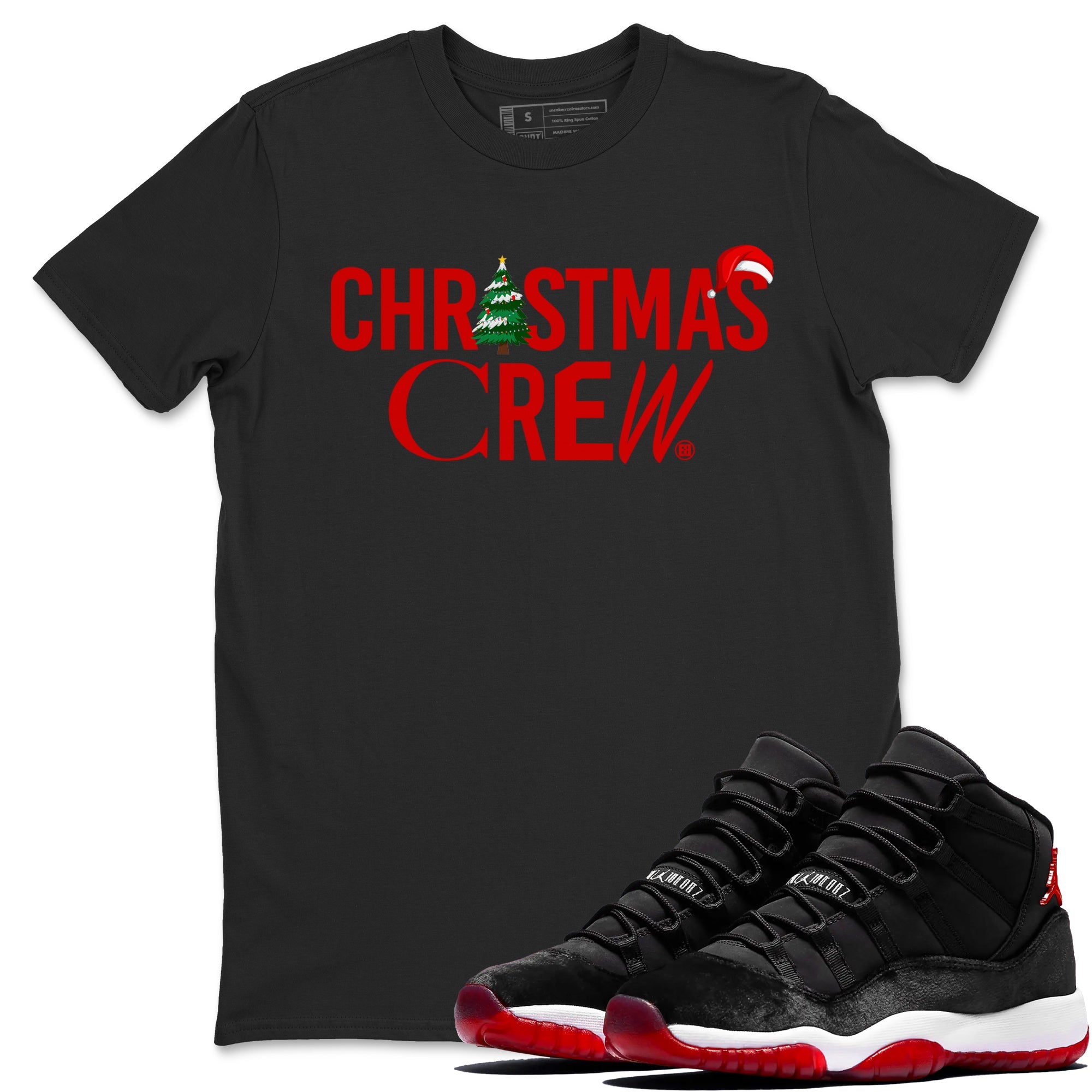 11s WMNS Bred Velvet t-shirts to match sneakers Holiday Christmas Crew sneaker match tees Air Jordan 11 Bred Velvet match shoes to clothes Drip Gear Zone unisex cotton Black 1 shirts