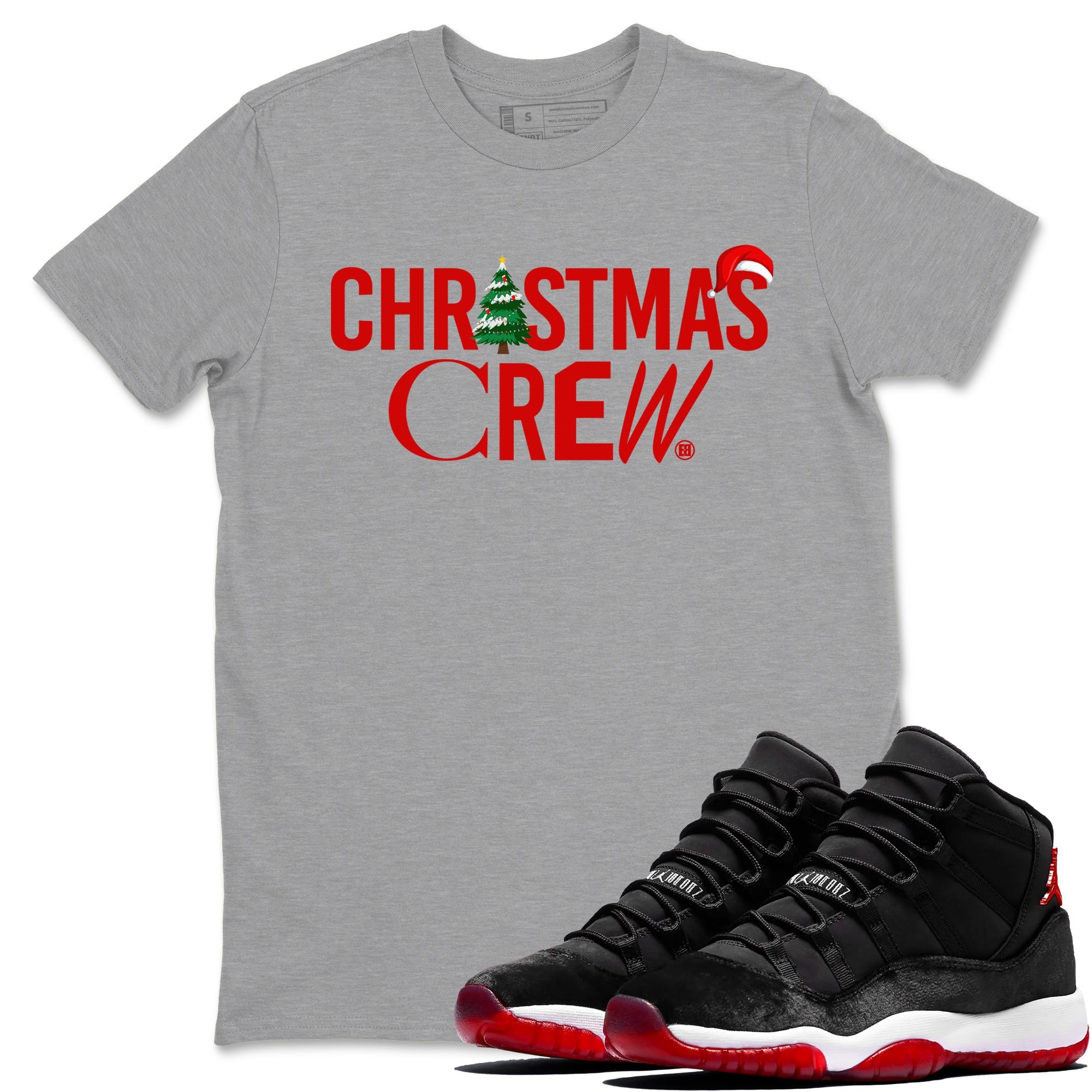 11s WMNS Bred Velvet t-shirts to match sneakers Holiday Christmas Crew sneaker match tees Air Jordan 11 Bred Velvet match shoes to clothes Drip Gear Zone unisex cotton Heather Grey 1 shirts