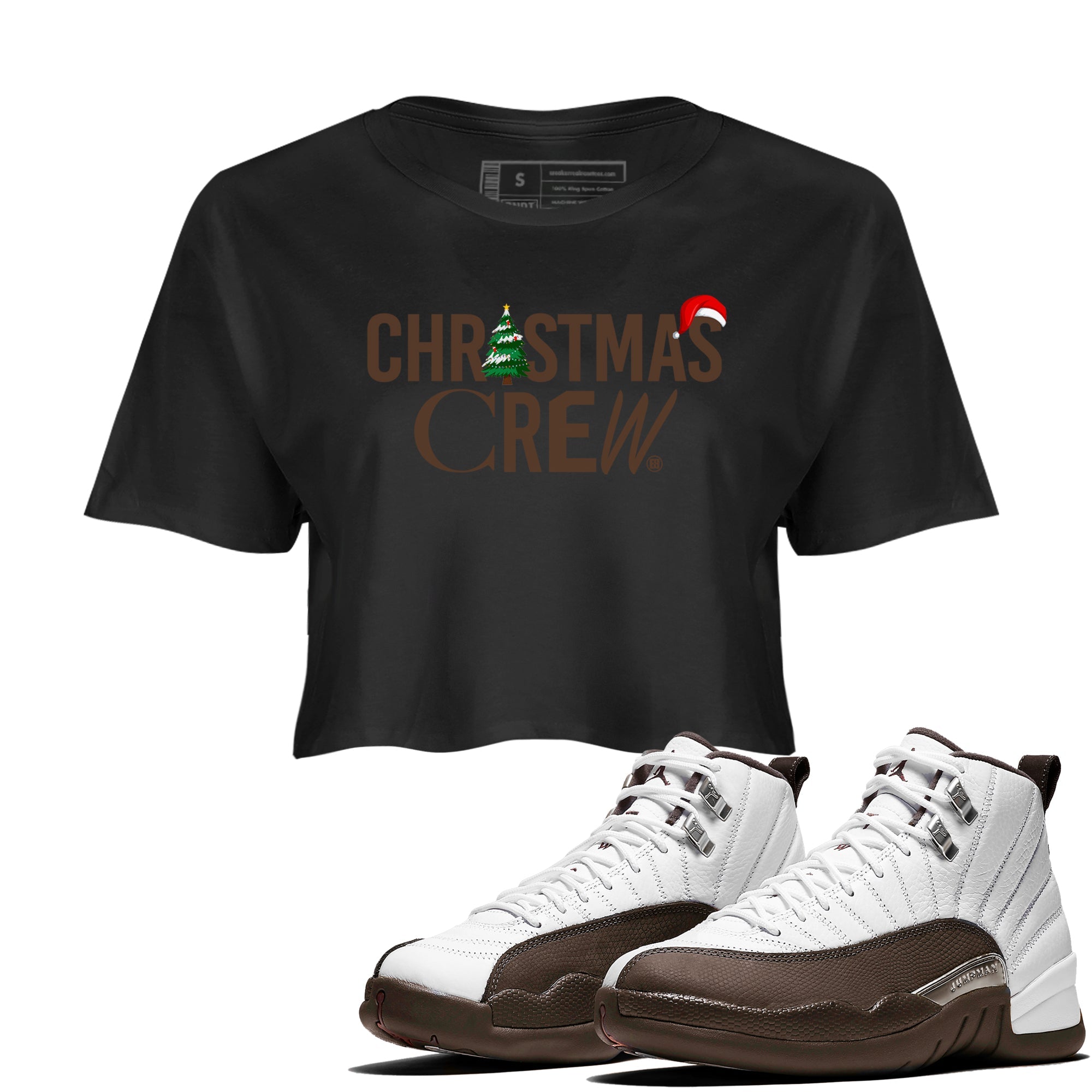 12s Baroque Brown t-shirts to match sneakers Holiday Christmas Crew sneaker match tees Air Jordan 12 Baroque Brown match shoes to clothes Drip Gear Zone unisex cotton Black 1 crop tee