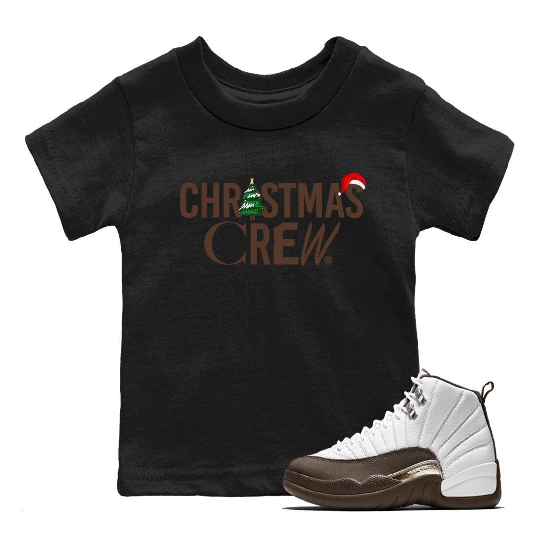 12s Baroque Brown t-shirts to match sneakers Holiday Christmas Crew sneaker match tees Air Jordan 12 Baroque Brown match shoes to clothes Drip Gear Zone Youth Baby Black 1 tee