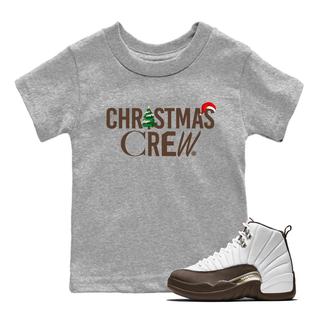 12s Baroque Brown t-shirts to match sneakers Holiday Christmas Crew sneaker match tees Air Jordan 12 Baroque Brown match shoes to clothes Drip Gear Zone Youth Baby Heather Grey 1 tee