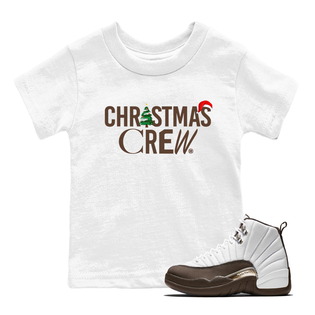 12s Baroque Brown t-shirts to match sneakers Holiday Christmas Crew sneaker match tees Air Jordan 12 Baroque Brown match shoes to clothes Drip Gear Zone Youth Baby White 1 tee
