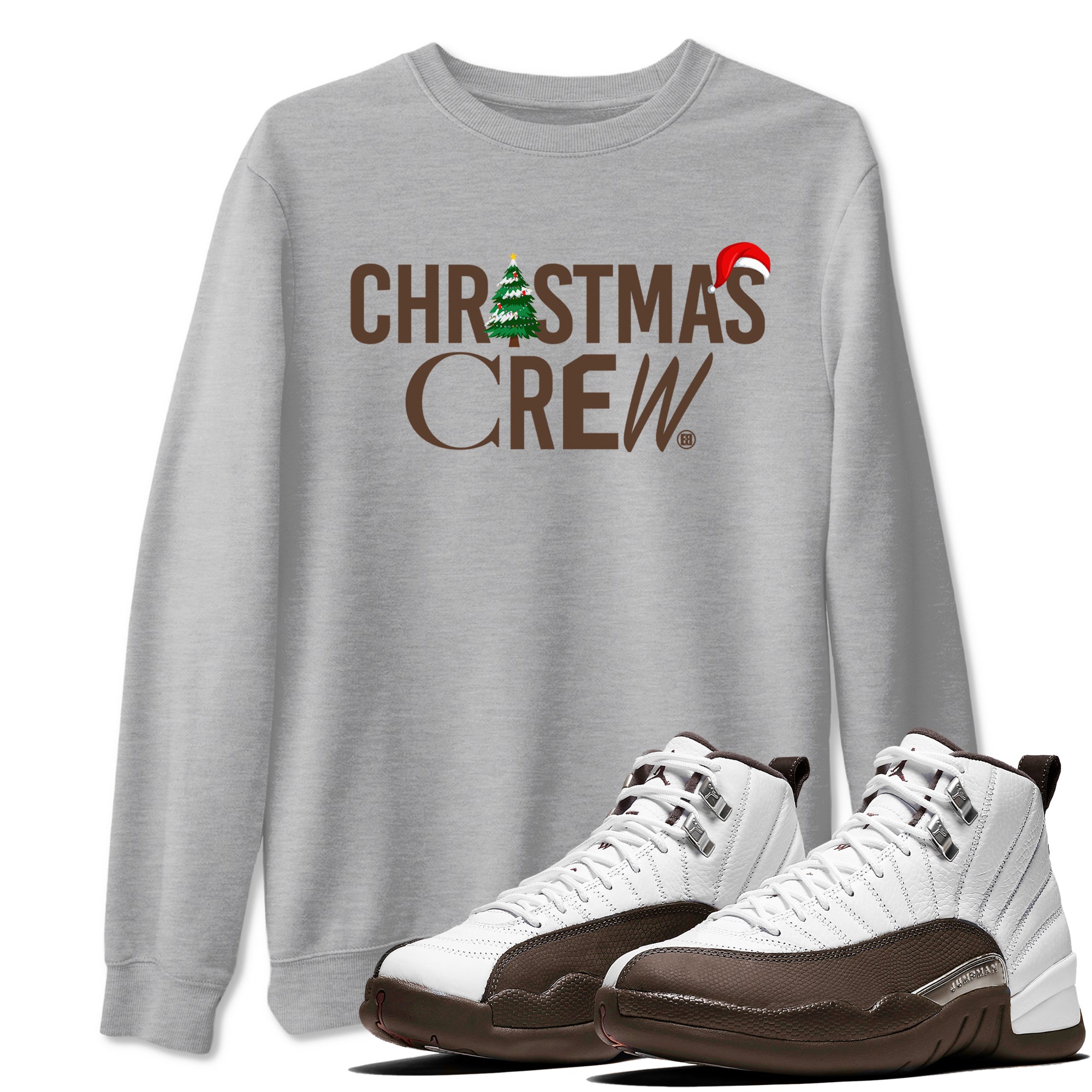 12s Baroque Brown t-shirts to match sneakers Holiday Christmas Crew sneaker match tees Air Jordan 12 Baroque Brown match shoes to clothes Drip Gear Zone unisex cotton Heather Grey 1 shirts