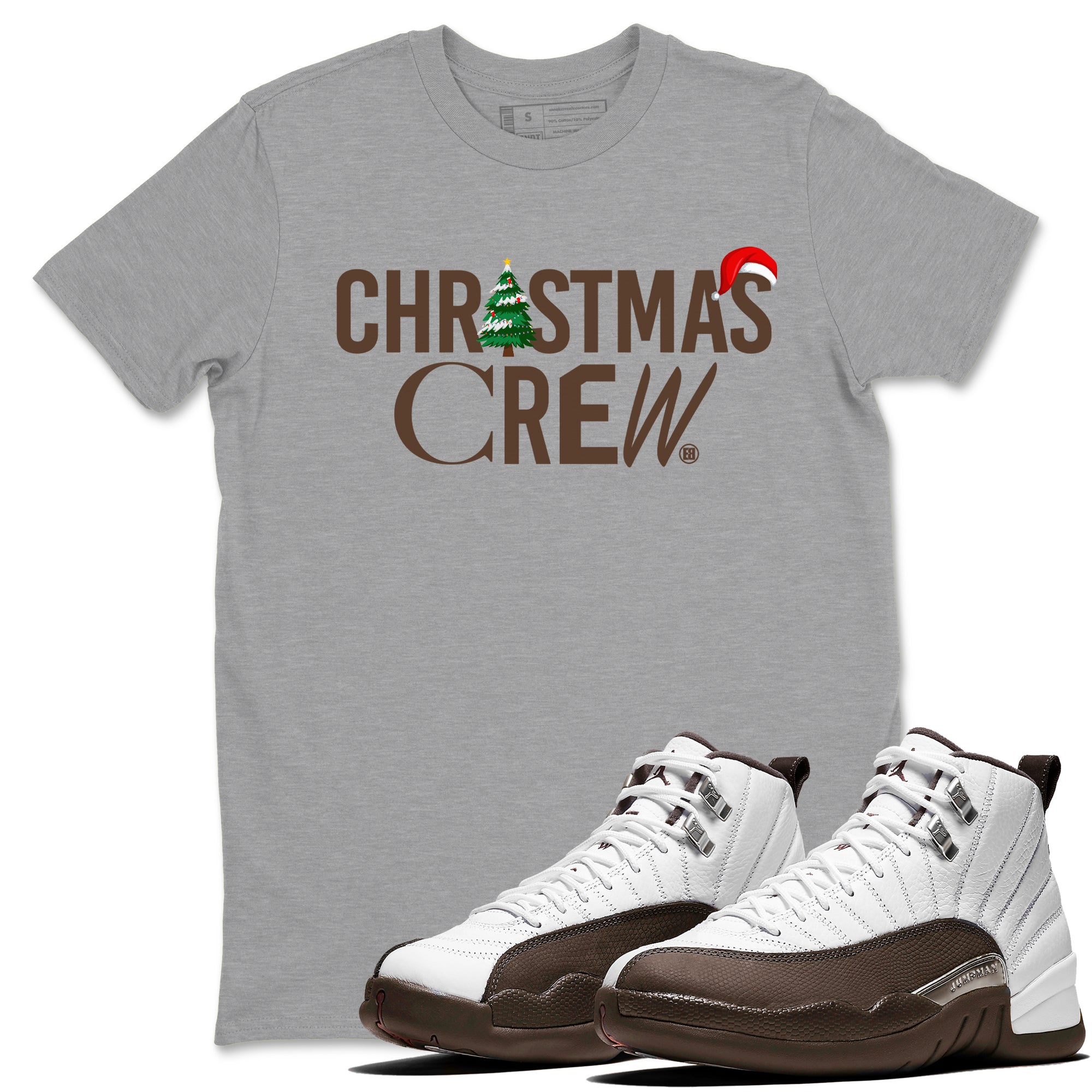 12s Baroque Brown t-shirts to match sneakers Holiday Christmas Crew sneaker match tees Air Jordan 12 Baroque Brown match shoes to clothes Drip Gear Zone unisex cotton Heather Grey 1 shirts