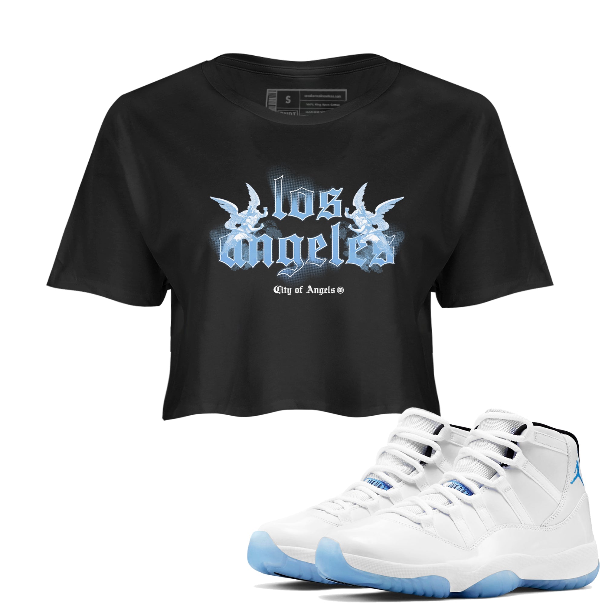 Air Jordan 11s Legend Blue shirts to match jordans City Of Angeles sneaker match tees Air Jordan 11 Retro Legend Blue match shoes to clothes Drip Gear Zone unisex cotton Black 1 crop tee