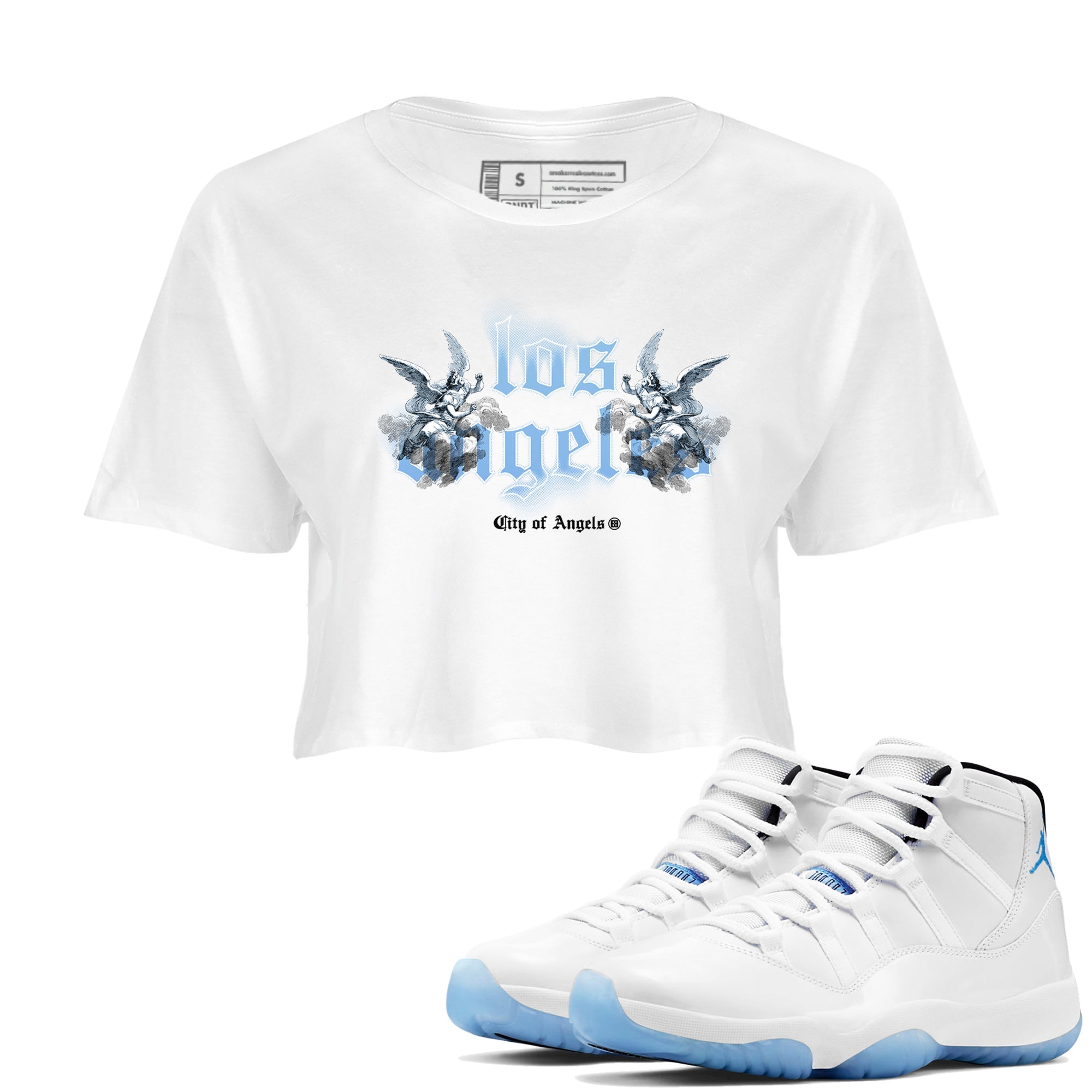 Air Jordan 11s Legend Blue shirts to match jordans City Of Angeles sneaker match tees Air Jordan 11 Retro Legend Blue match shoes to clothes Drip Gear Zone unisex cotton White 1 crop tee
