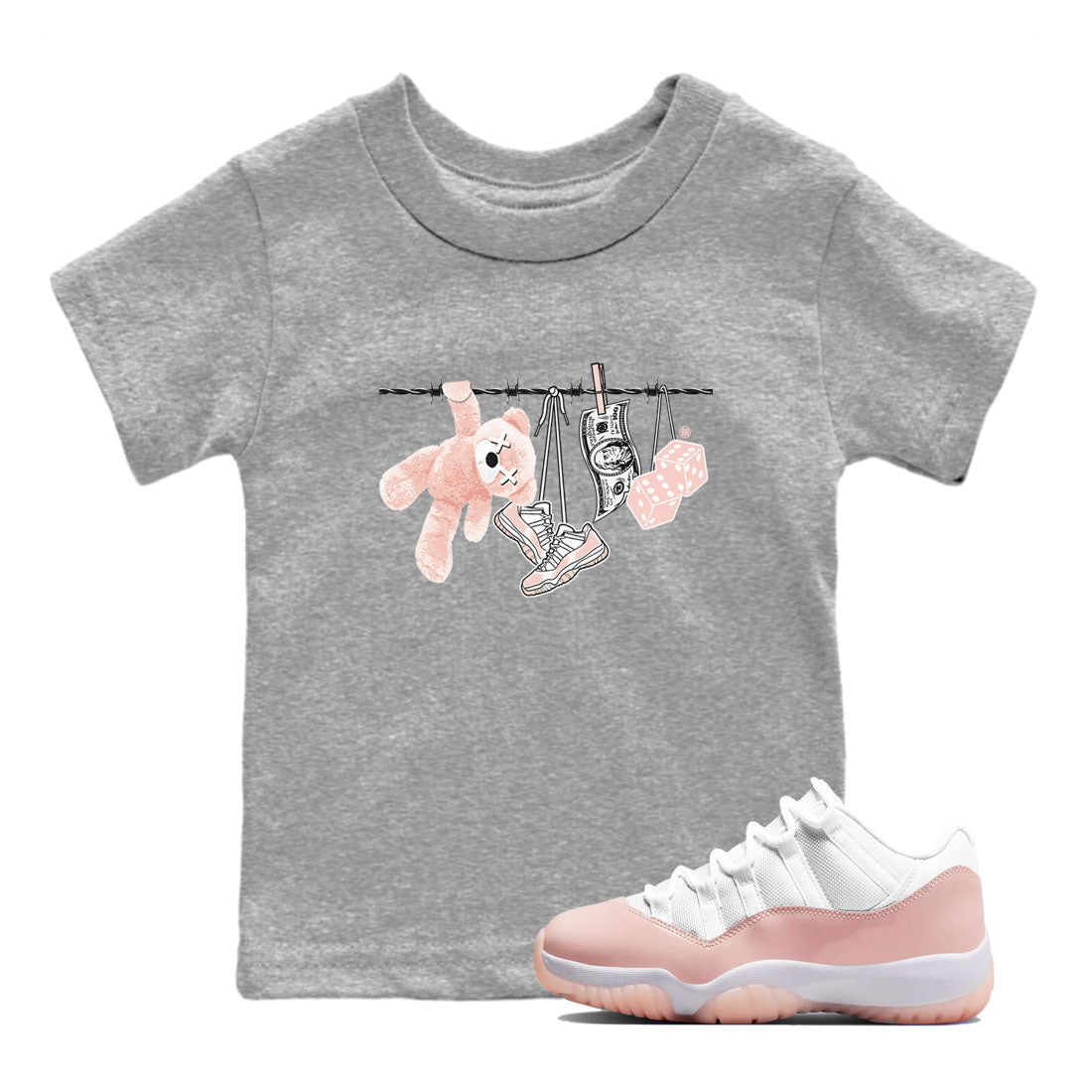 11s Legend Pink shirts to match jordans Clothesline sneaker match tees Air Jordan 11 Legend Pink Drip Gear Zone streetwear brand Baby and Youth Heather Grey 1 cotton tee