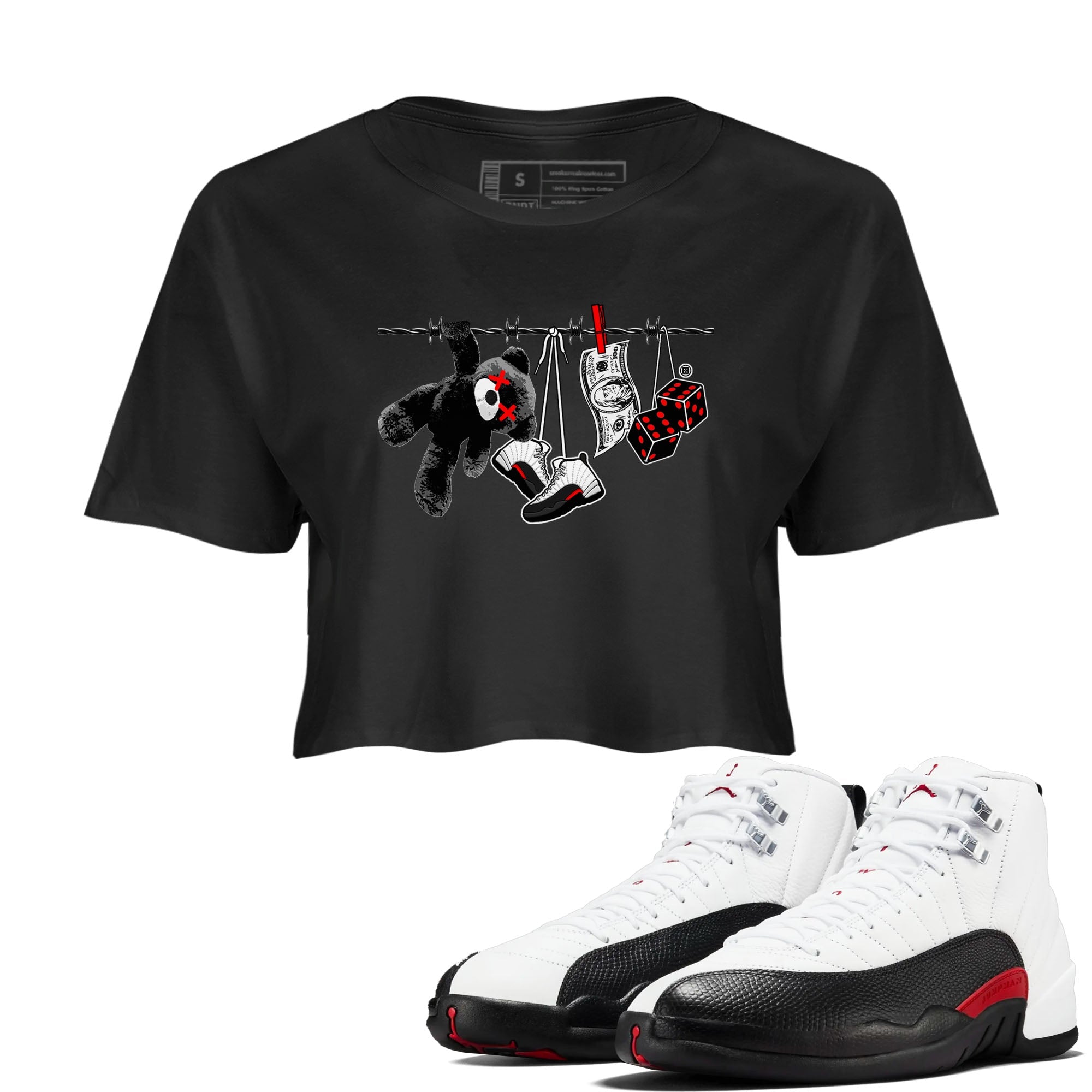 12s Taxi Flip shirt to match jordans Clothesline sneaker tees Air Jordan 12 Taxi Flip Drip Gear Zone Black 1 crop length shirt