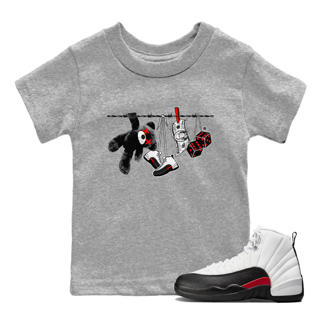 12s Taxi Flip shirt to match jordans Clothesline sneaker tees Air Jordan 12 Taxi Flip Drip Gear Zone baby toddler Heather Grey 1 cotton Shirt