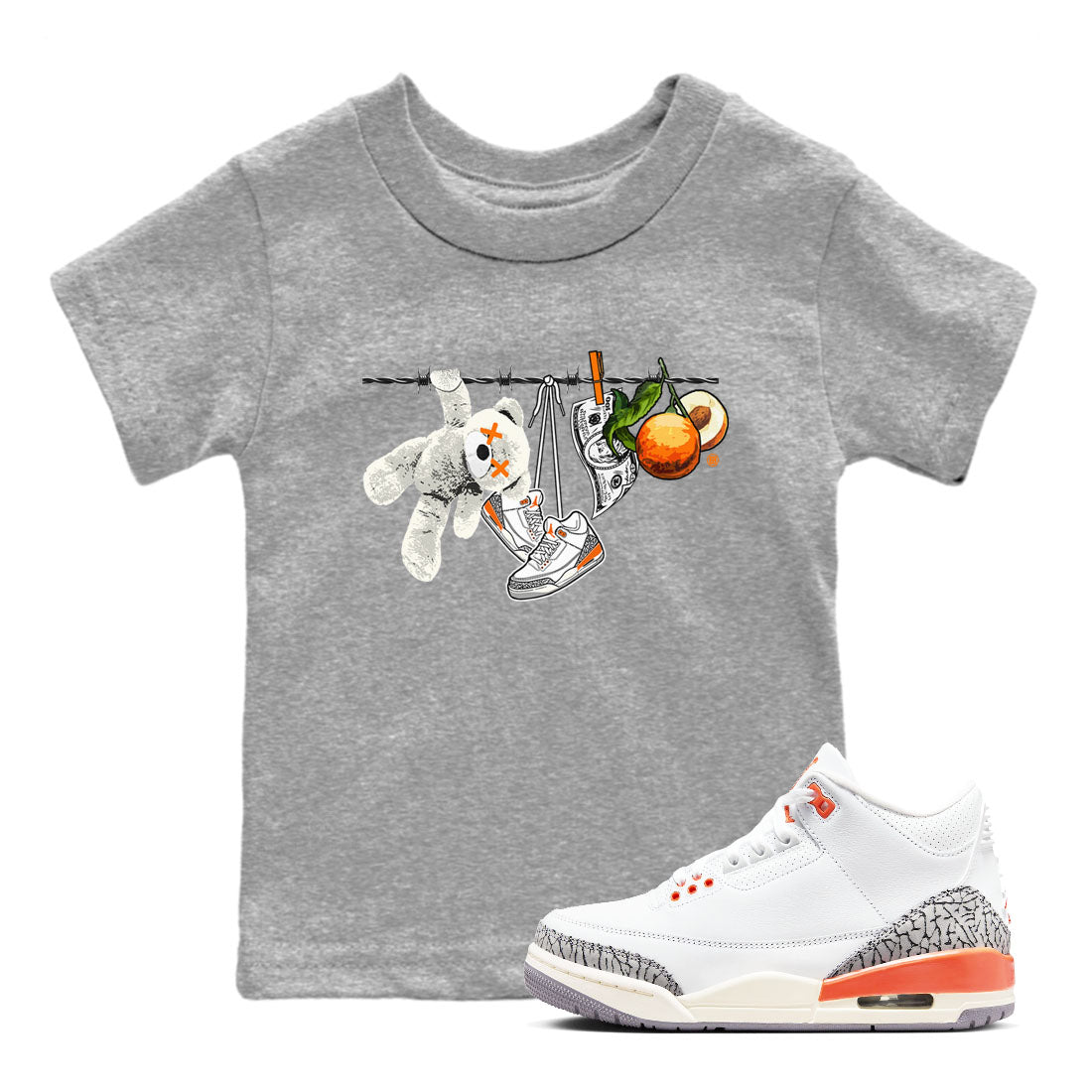 3s Georgia Peach shirt to match jordans Clothesline sneaker tees Air Jordan 3 Retro Georgia Peach Drip Gear Zone baby toddler Heather Grey 1 cotton Shirt