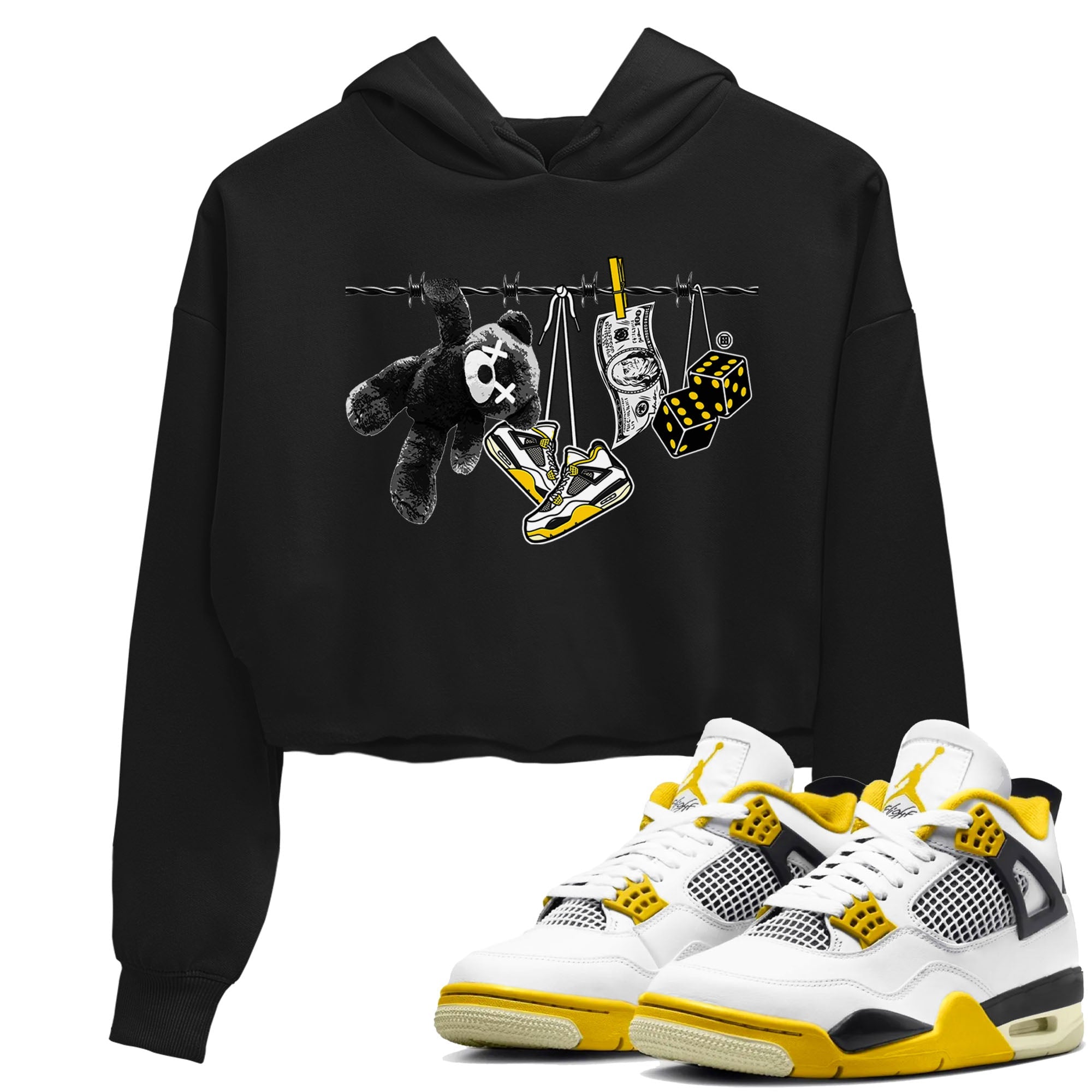 Air Jordan 4 Vivid Sulfur shirt to match jordans Clothesline sneaker tees 4s Vivid Sulfur Drip Gear Zone Black 1 crop length shirt