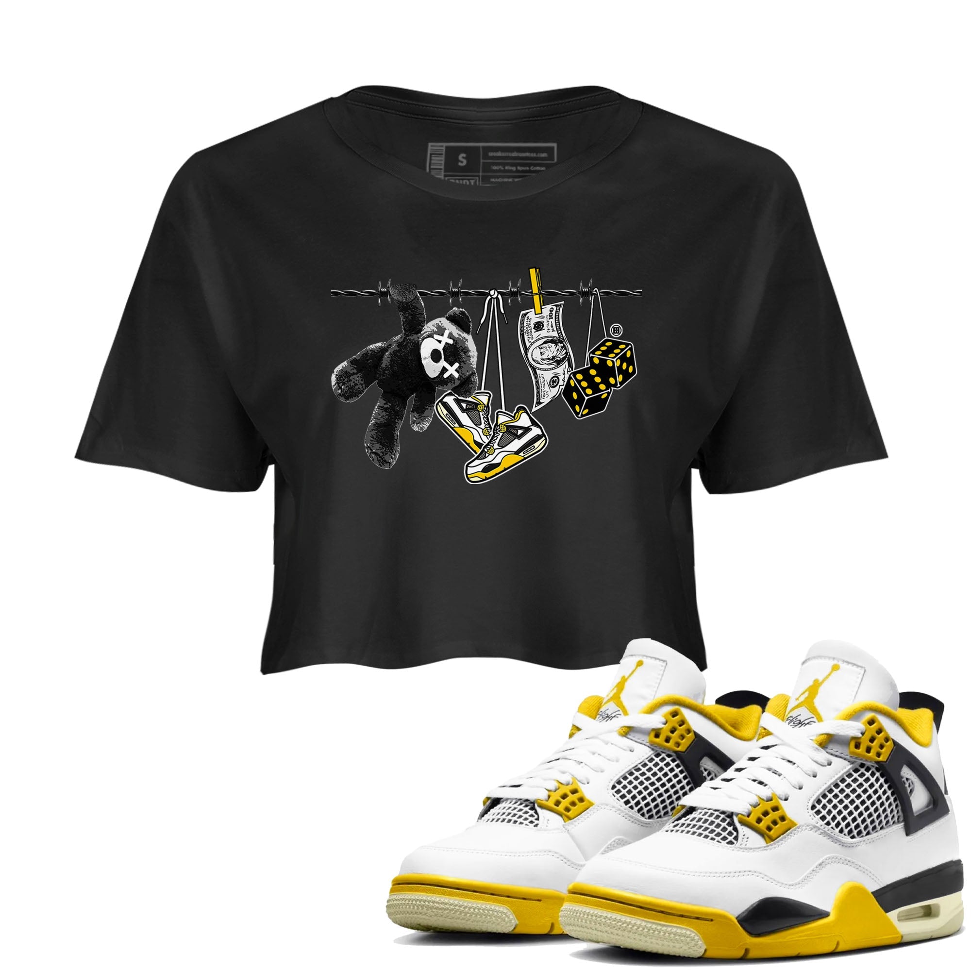 Air Jordan 4 Vivid Sulfur shirt to match jordans Clothesline sneaker tees 4s Vivid Sulfur Drip Gear Zone Black 1 crop length shirt