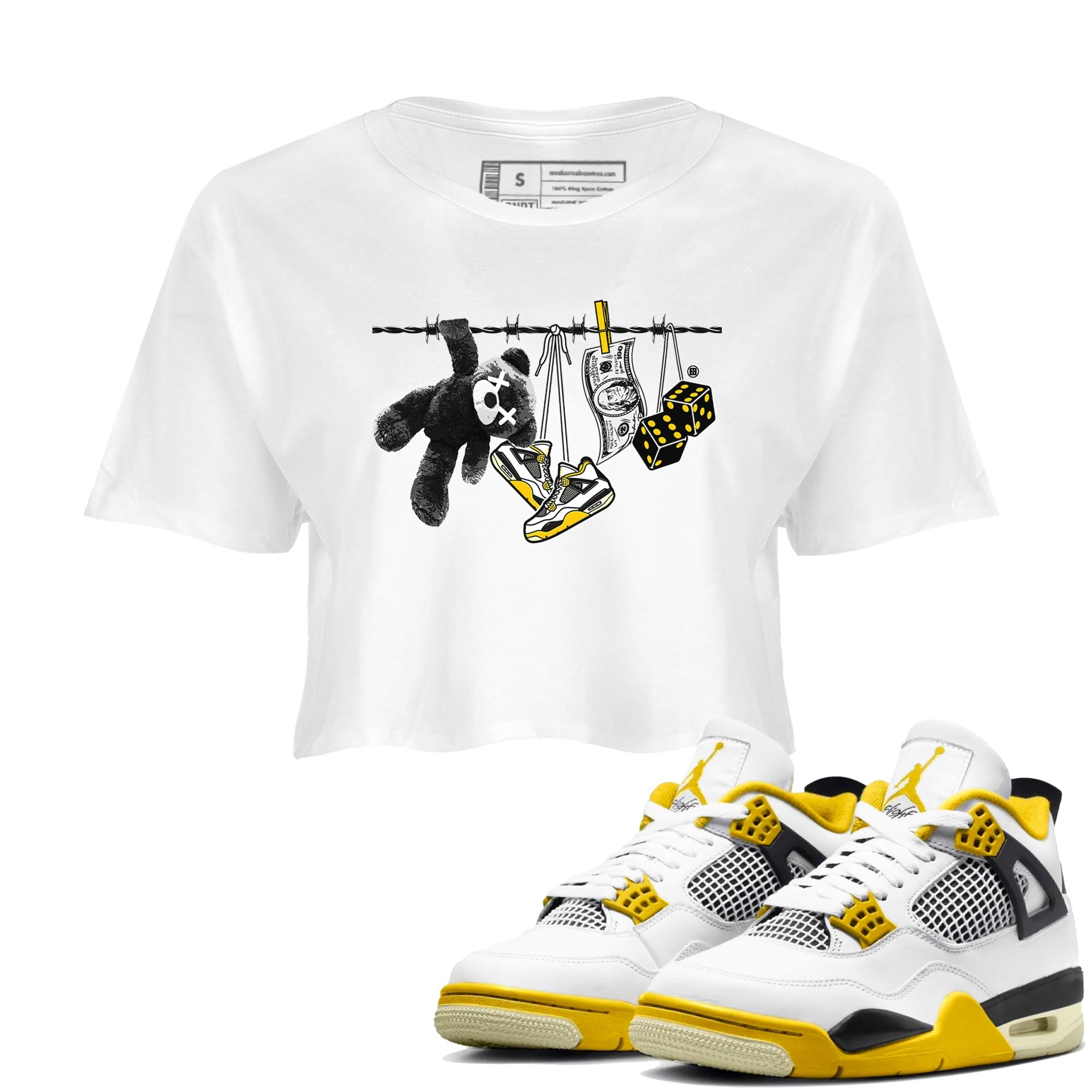 Air Jordan 4 Vivid Sulfur shirt to match jordans Clothesline sneaker tees 4s Vivid Sulfur Drip Gear Zone White 1 crop length shirt