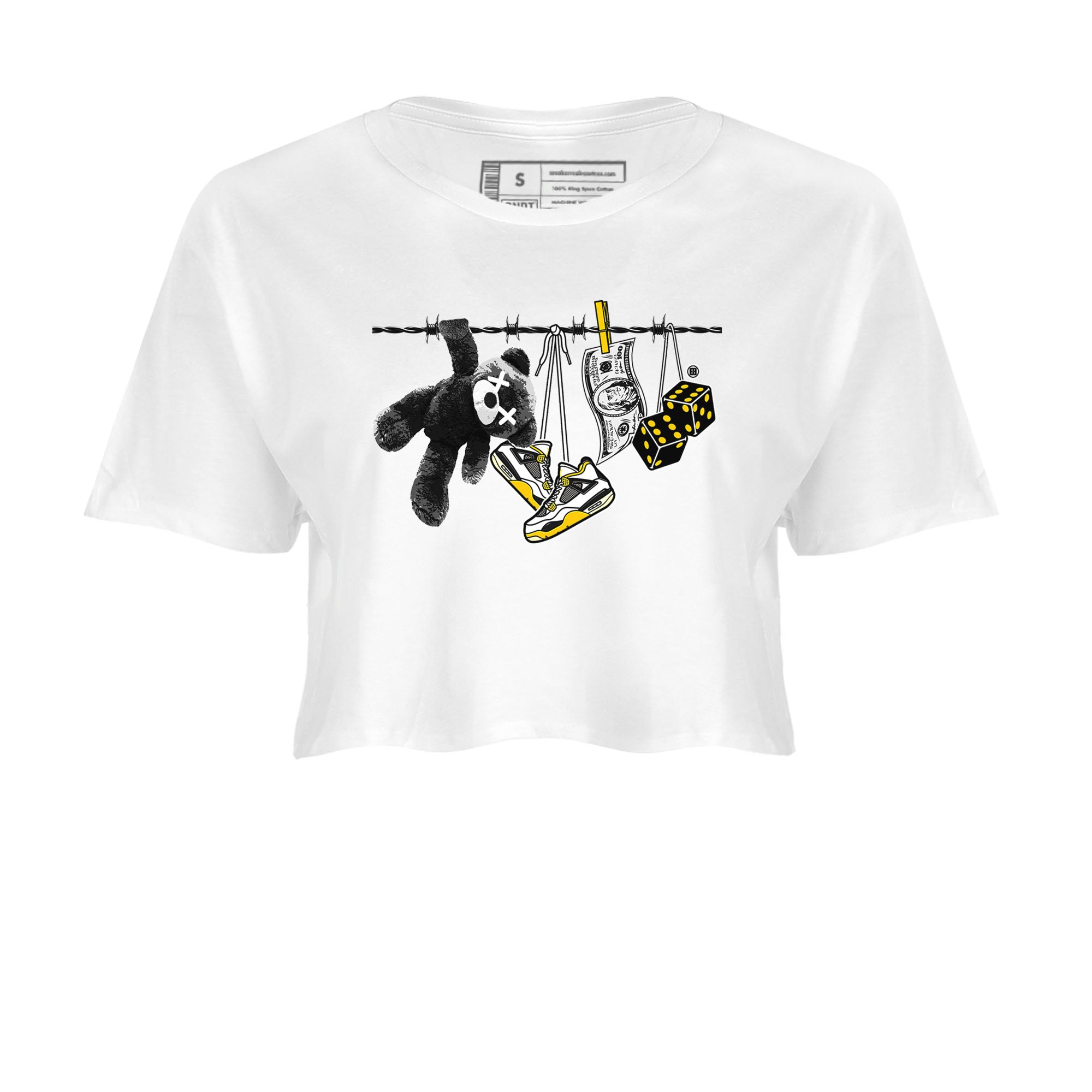 Air Jordan 4 Vivid Sulfur shirt to match jordans Clothesline sneaker tees 4s Vivid Sulfur Drip Gear Zone White 2 crop length shirt