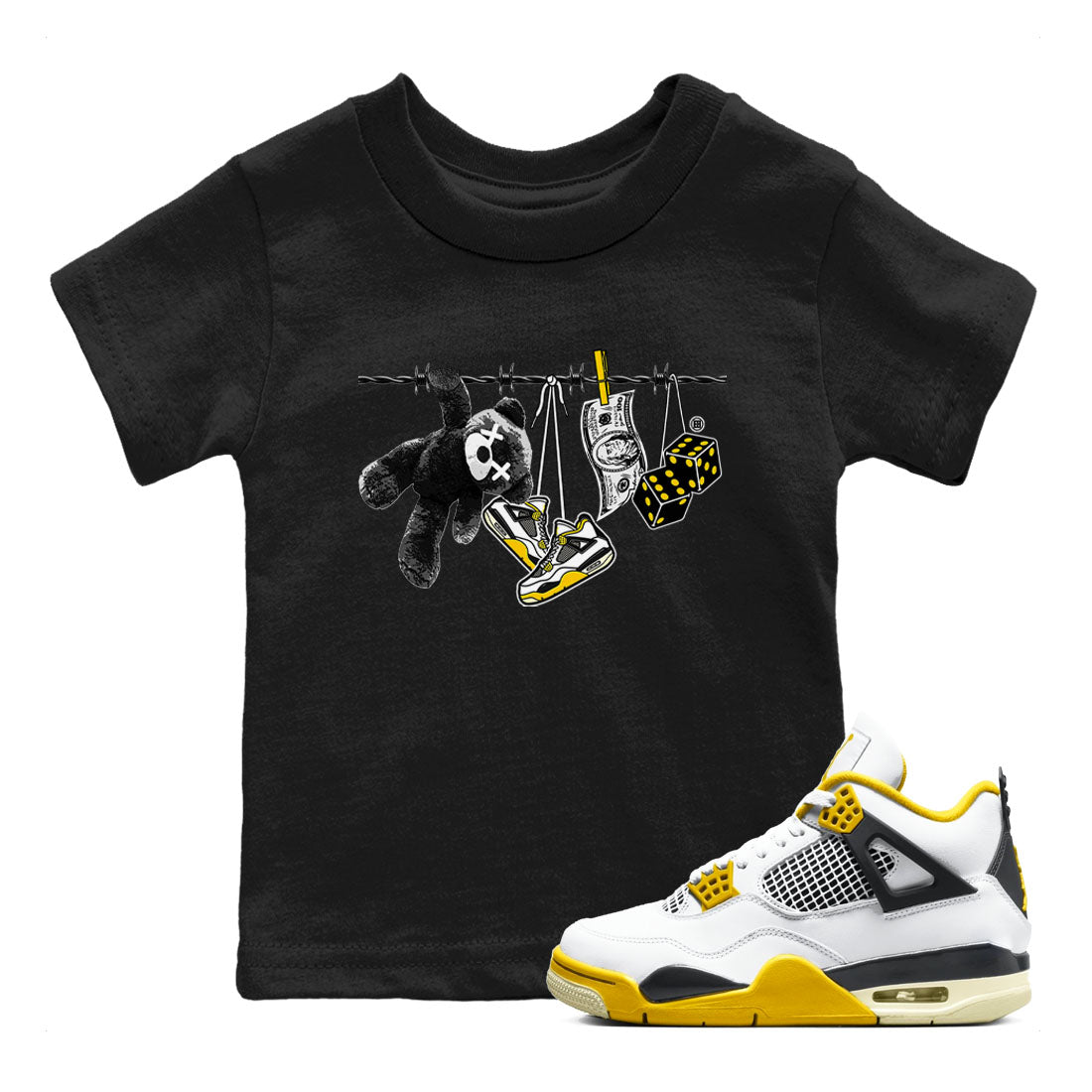 Air Jordan 4 Vivid Sulfur shirt to match jordans Clothesline sneaker tees 4s Vivid Sulfur Drip Gear Zone baby toddler Black 1 cotton Shirt