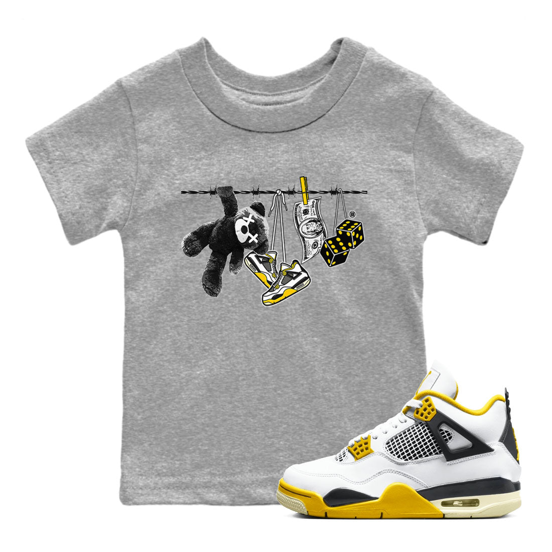 Air Jordan 4 Vivid Sulfur shirt to match jordans Clothesline sneaker tees 4s Vivid Sulfur Drip Gear Zone baby toddler Heather Grey 1 cotton Shirt