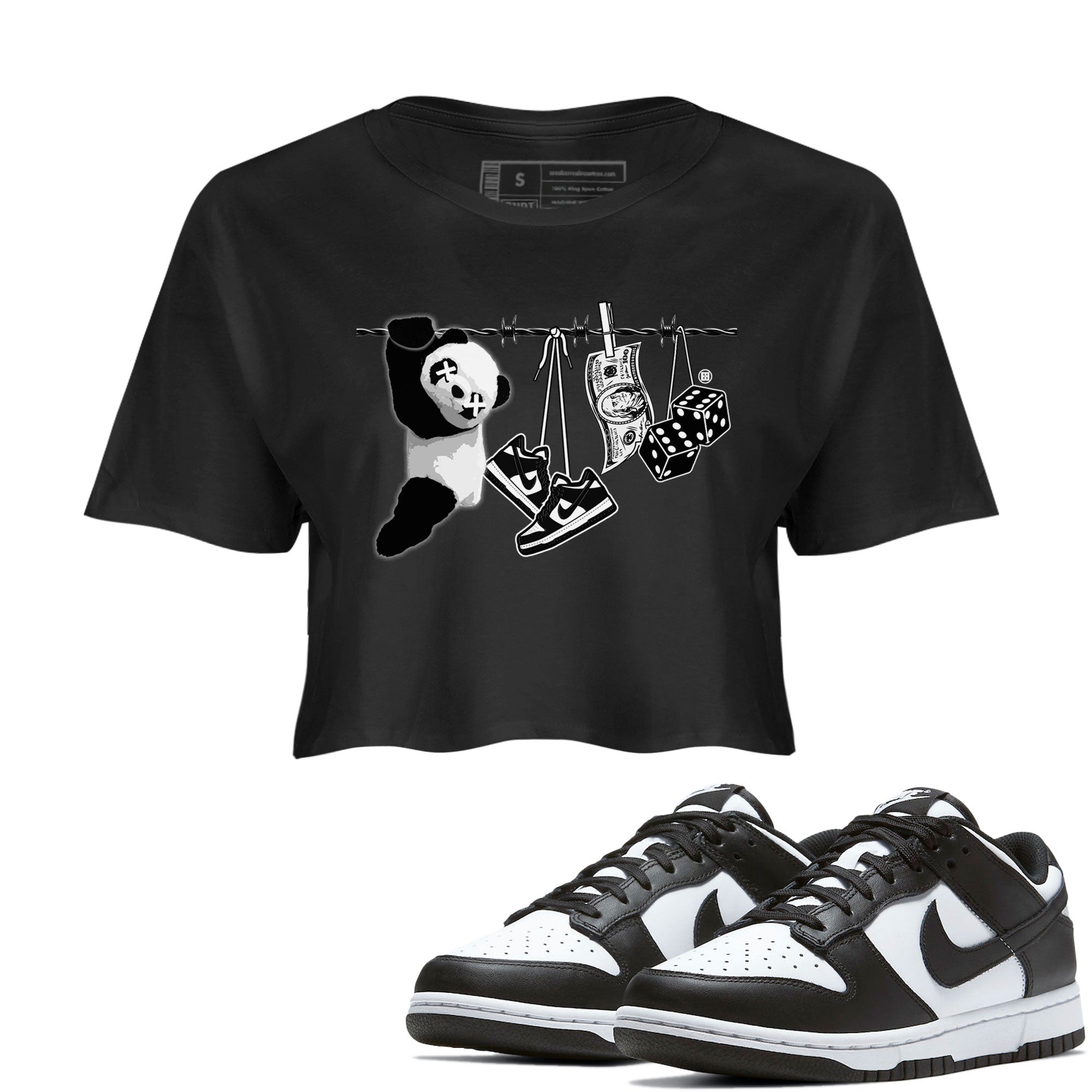 Dunk Panda shirt to match jordans Clothesline sneaker tees Dunk White Black Panda Drip Gear Zone Black 1 Crop T-Shirt