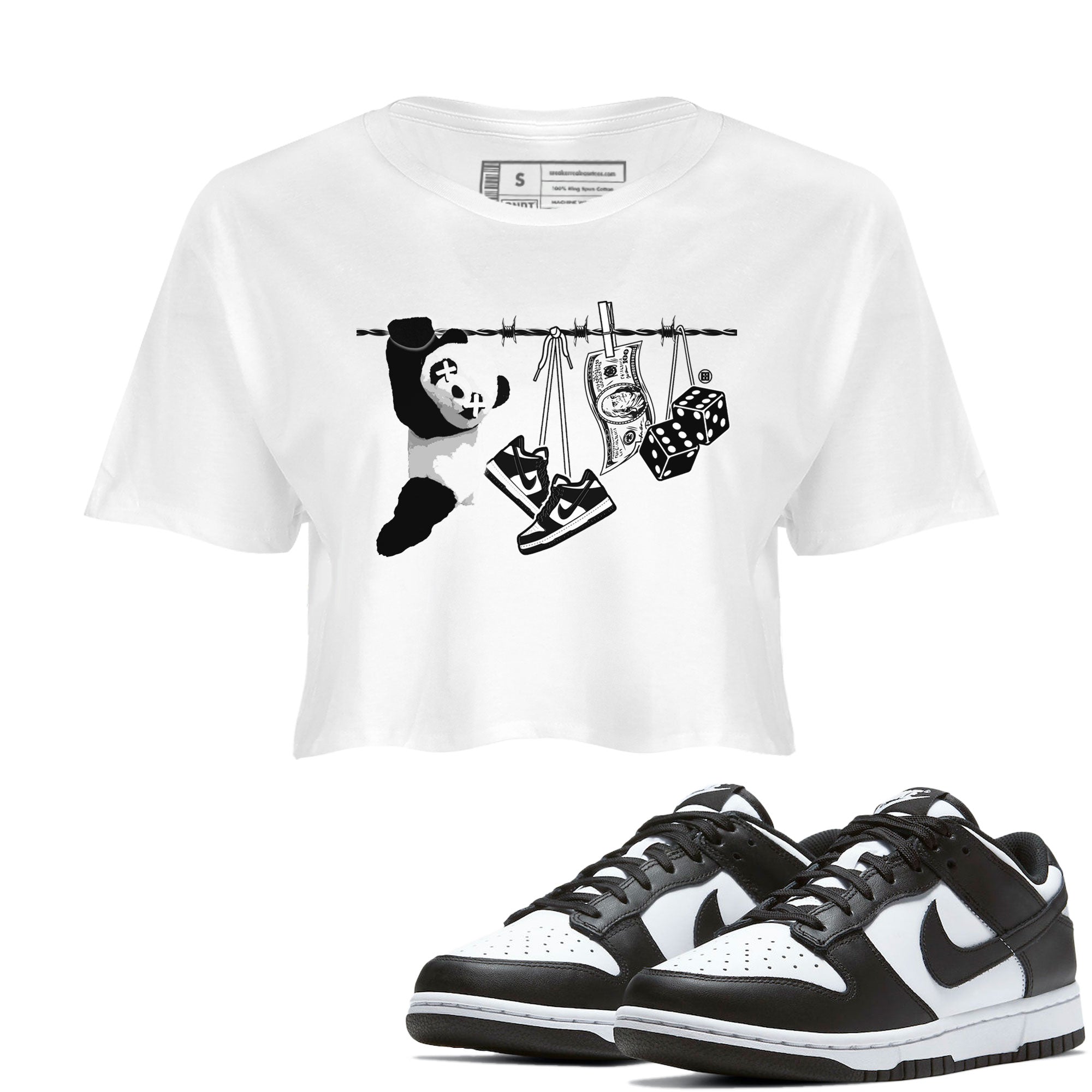 Dunk Panda shirt to match jordans Clothesline sneaker tees Dunk White Black Panda Drip Gear Zone White 1 Crop T-Shirt