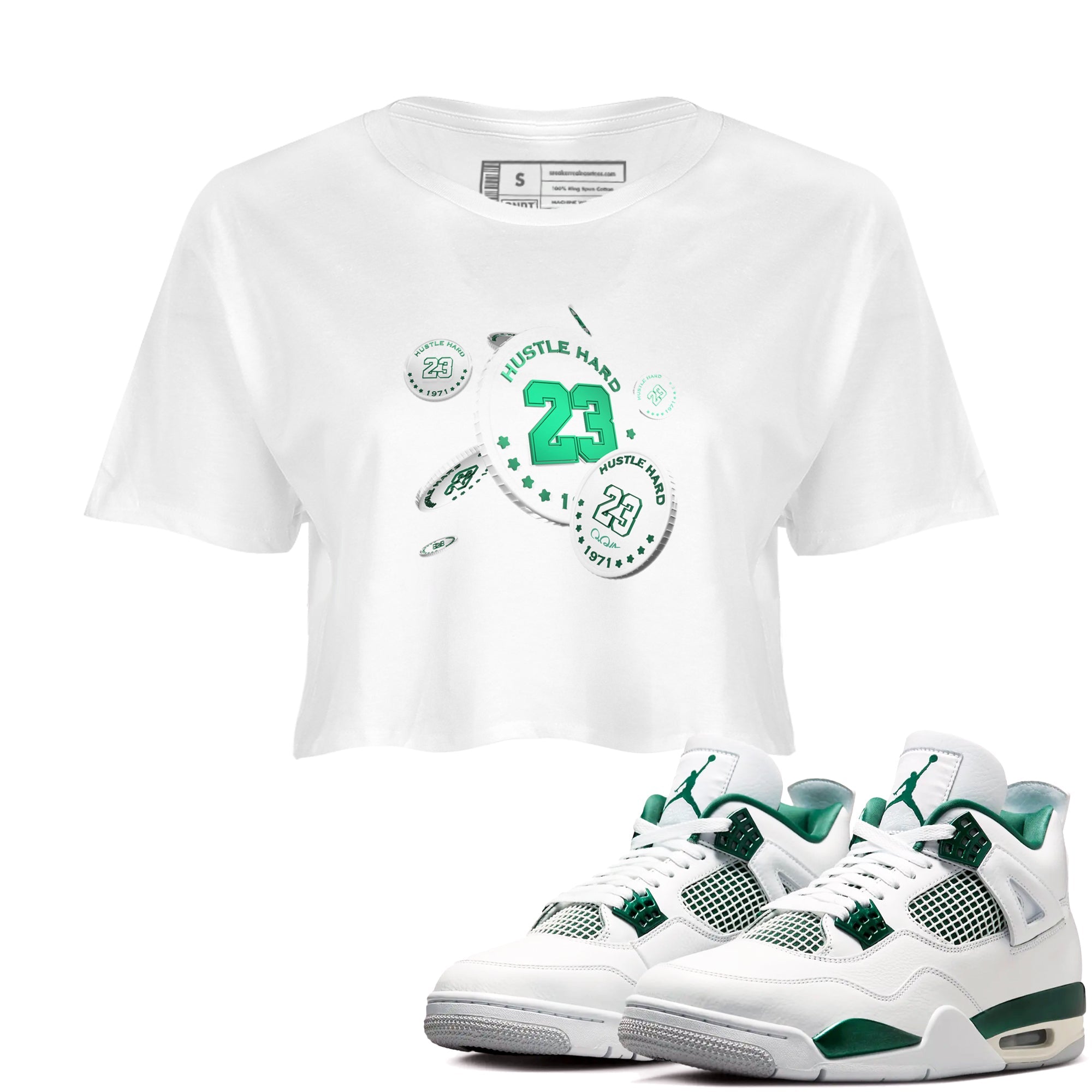 4s Oxidized Green shirts to match jordans Coin Drop sneaker match tees Air Jordan 4 Oxidized Green Drip Gear Zone streetwear brand White 1 crop tee