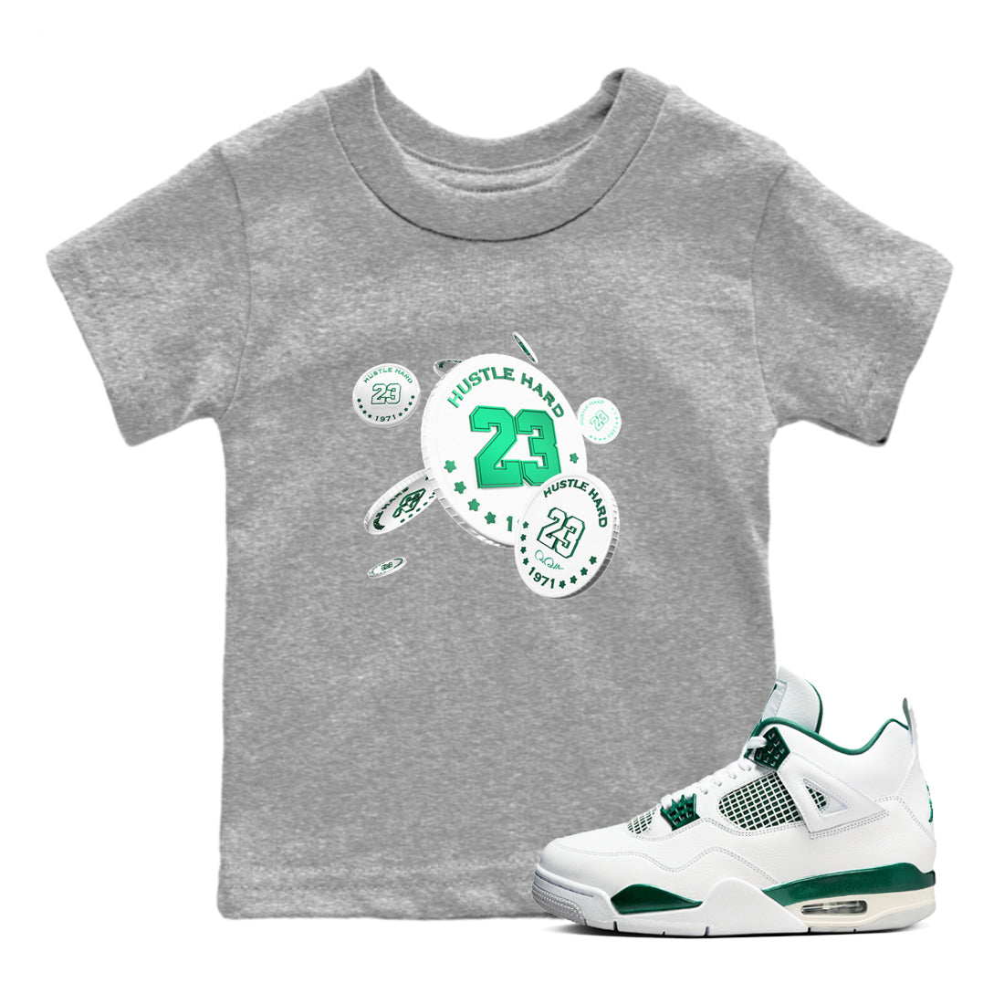 4s Oxidized Green shirts to match jordans Coin Drop sneaker match tees Air Jordan 4 Oxidized Green Drip Gear Zone streetwear brand Baby and Youth Heather Grey 1 cotton tee