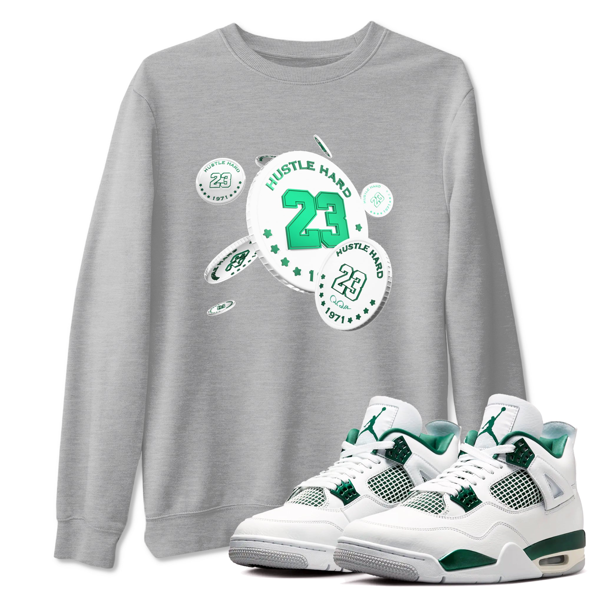 4s Oxidized Green shirts to match jordans Coin Drop sneaker match tees Air Jordan 4 Oxidized Green Drip Gear Zone streetwear brand Heather Grey 1 unisex cotton tee