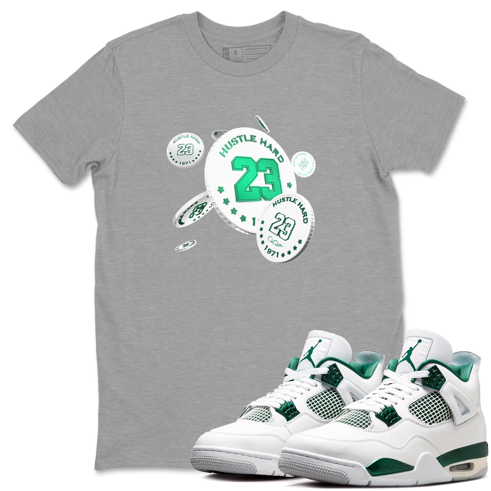 4s Oxidized Green shirts to match jordans Coin Drop sneaker match tees Air Jordan 4 Oxidized Green Drip Gear Zone streetwear brand Heather Grey 1 unisex cotton tee