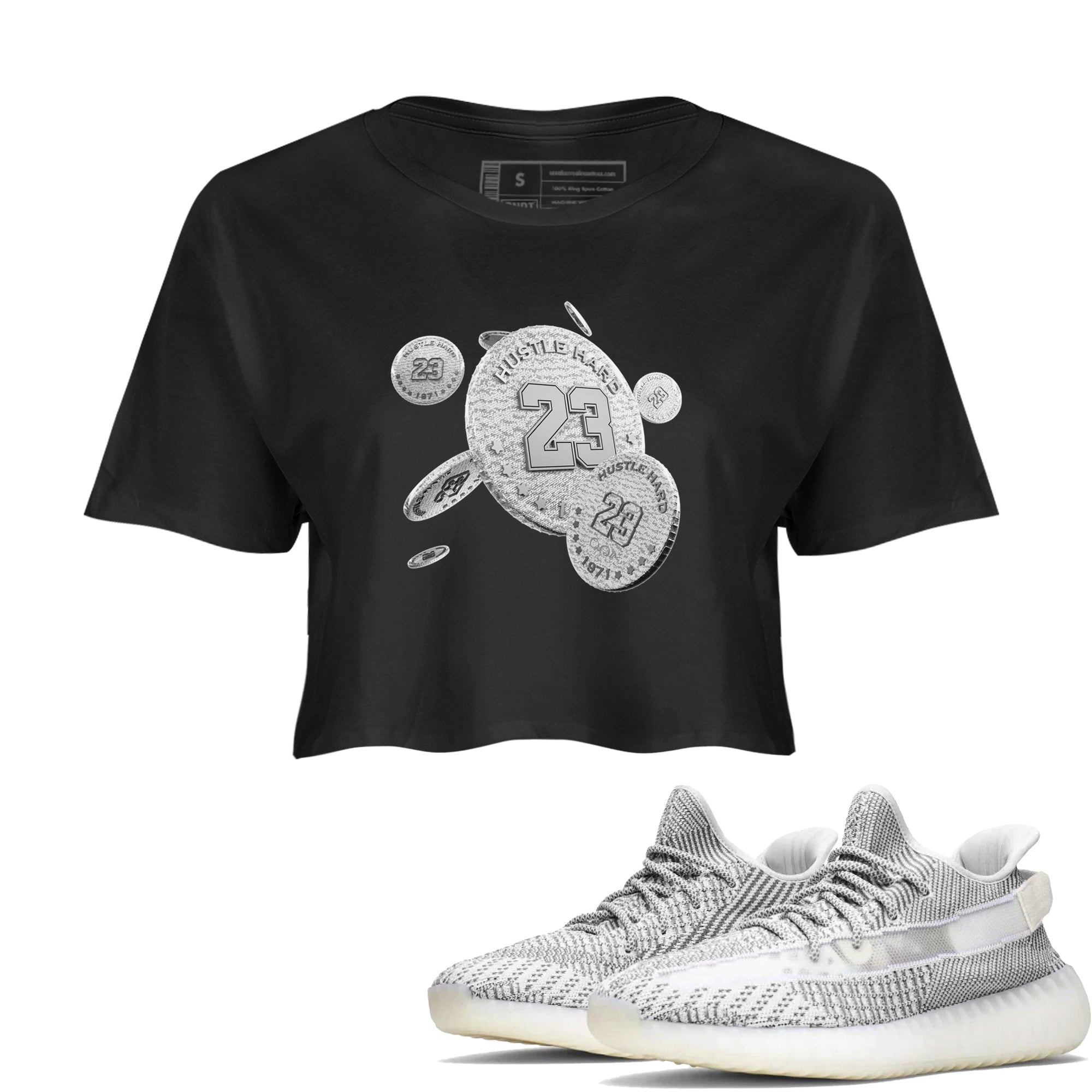 Yeezy 350 Static shirt to match jordans Coin Drop sneaker tees Adidas Yeezy 350 Static Drip Gear Zone Black 1 Crop T-Shirt