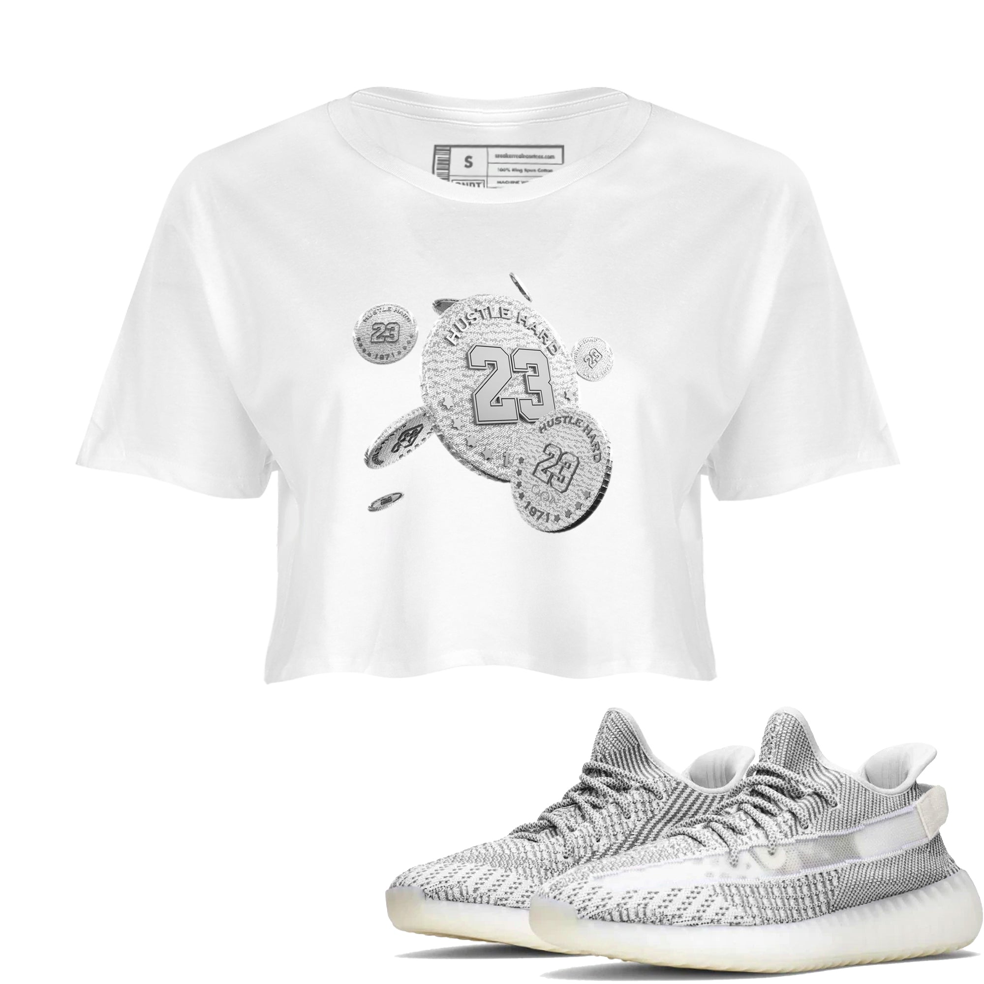 Yeezy 350 Static shirt to match jordans Coin Drop sneaker tees Adidas Yeezy 350 Static Drip Gear Zone White 1 Crop T-Shirt