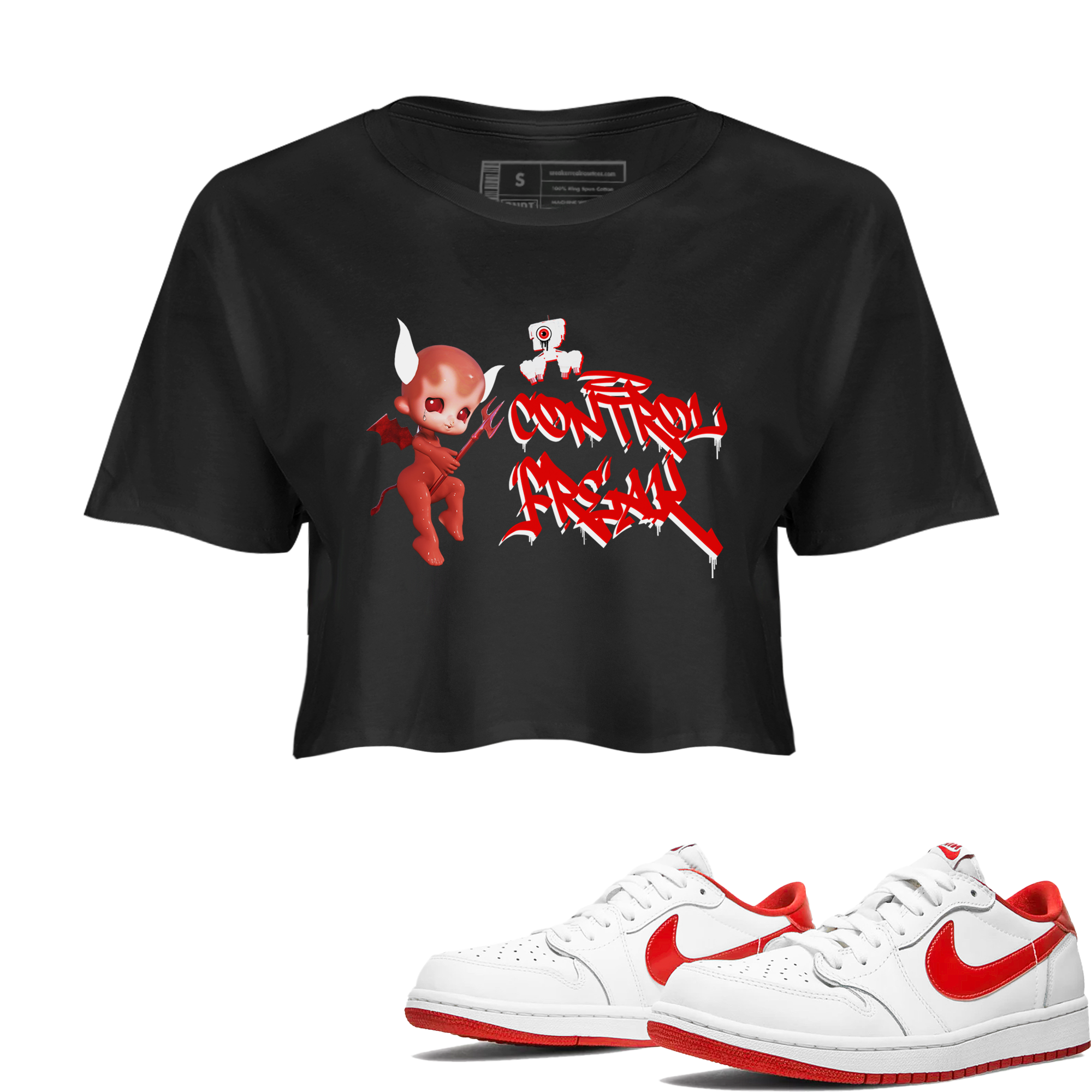 Air Jordan 1 University Red shirt to match jordans Control Freak sneaker tees Air Jordan 1 University Red Drip Gear Zone Casual Crew Neck T-Shirt Black 1 Crop T-Shirt