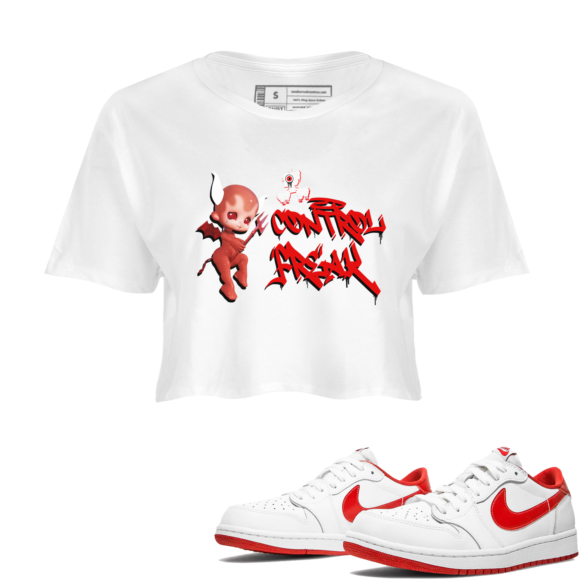 Air Jordan 1 University Red shirt to match jordans Control Freak sneaker tees Air Jordan 1 University Red Drip Gear Zone Casual Crew Neck T-Shirt White 1 Crop T-Shirt